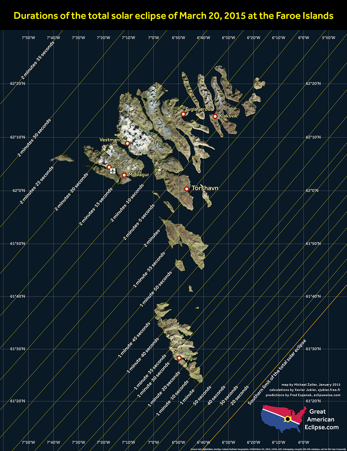 Durations of totality in the Faroe Islands