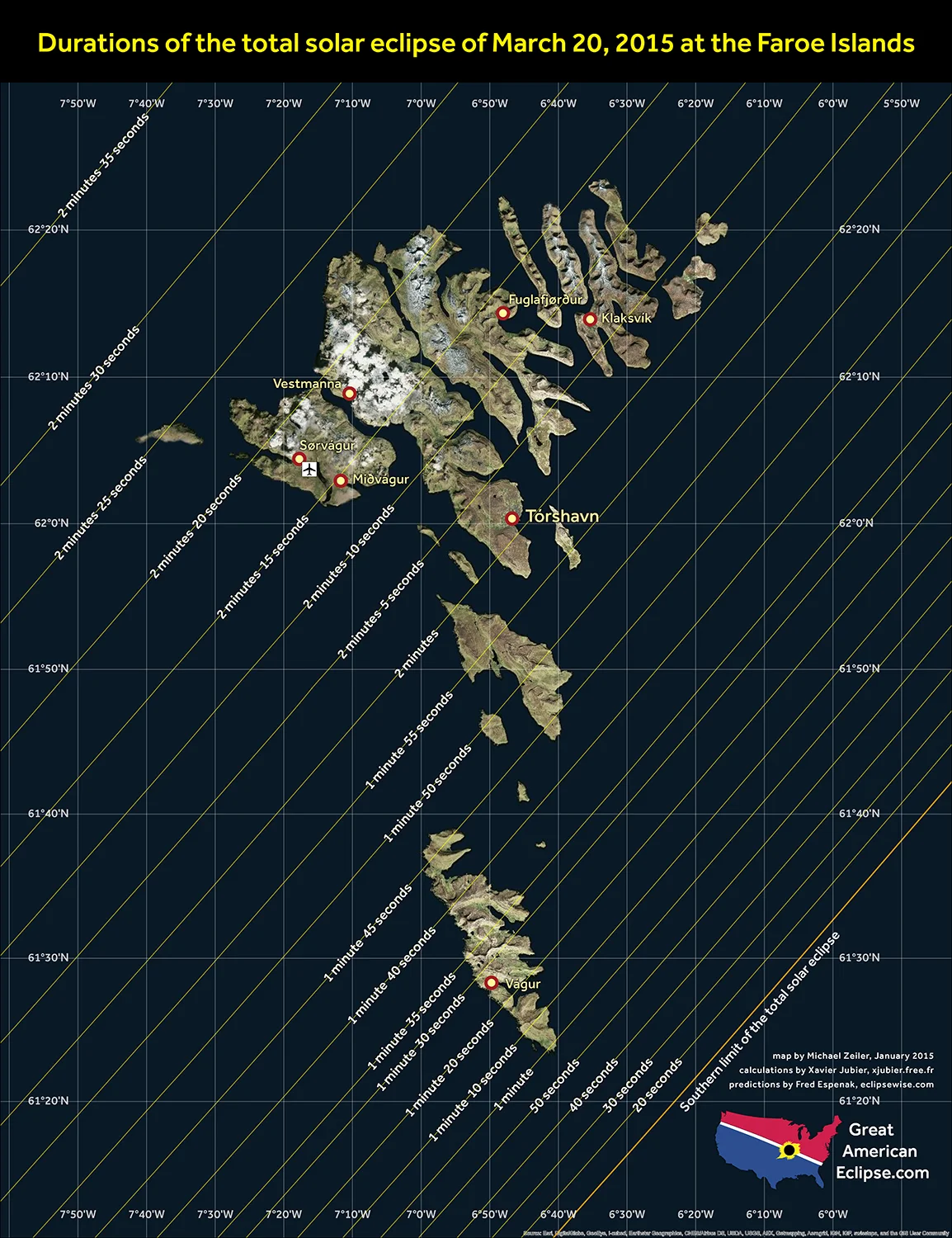 Eclipse durations over the Faroe Islands. Keep in mind that finding a location in clear weather is more important then maximizing eclipse duration.