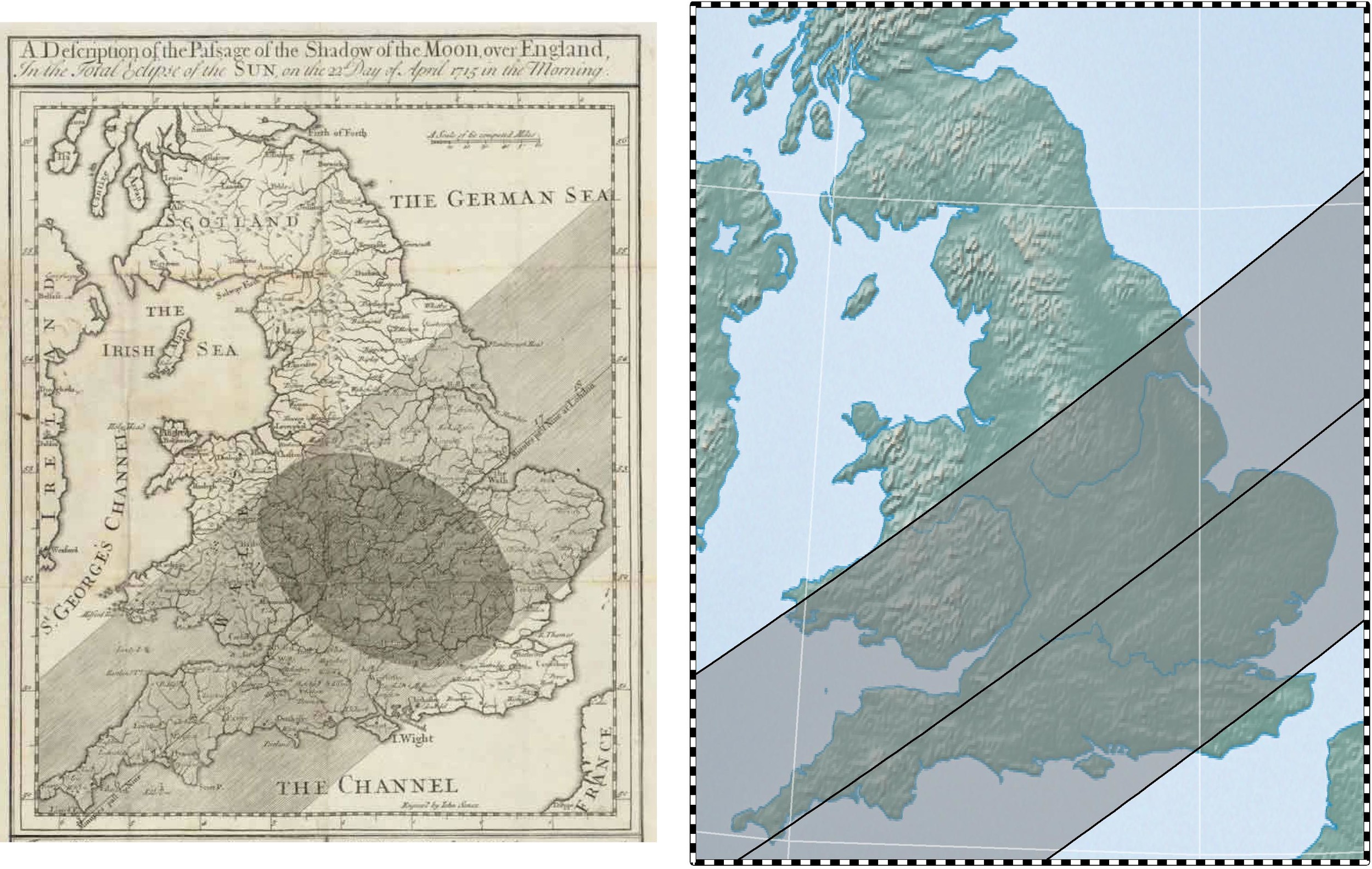 The original 1715 map by Edmund halley with a modern reconstruction using contemporary eclipse calculations. tap to enlarge map images