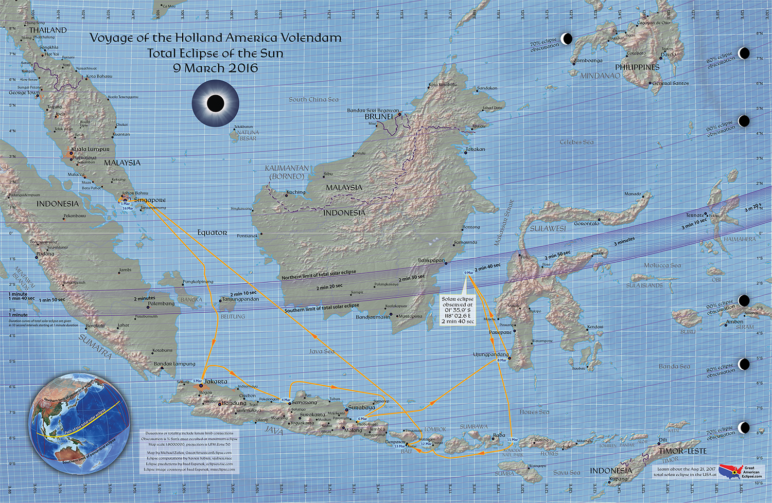 Map of the voyage of the volendam and eclipse path