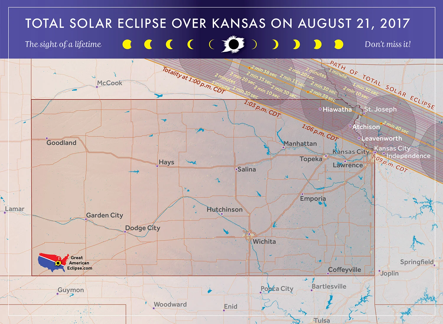 The Northeast corner of Kansas provides good access to the great american eclipse.