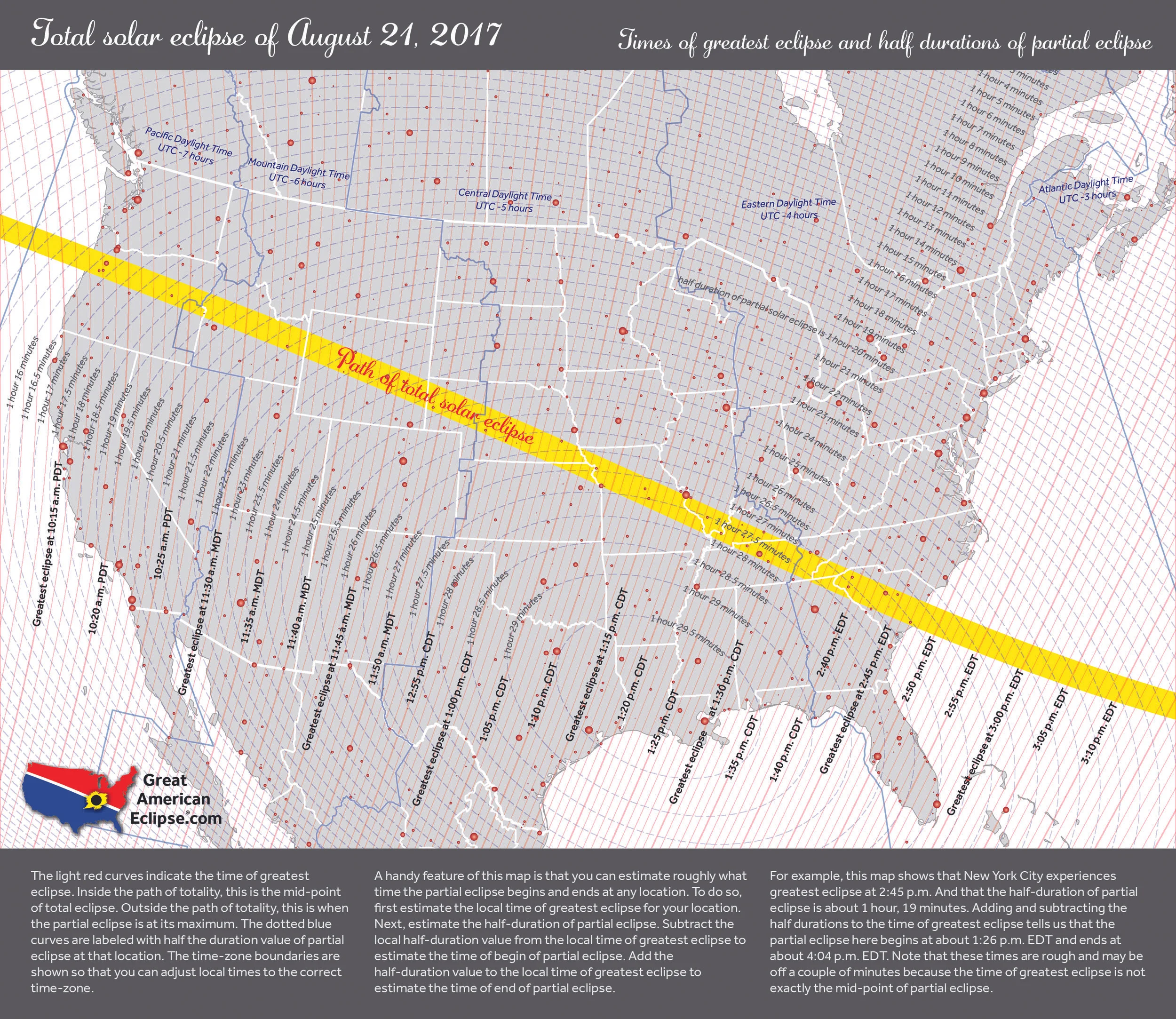 This map is inspired by some old eclipse maps published by the U.S. Naval Observatory. Those maps allow you to fairly accurately determine the times of begin and end of the partial phase of eclipse.