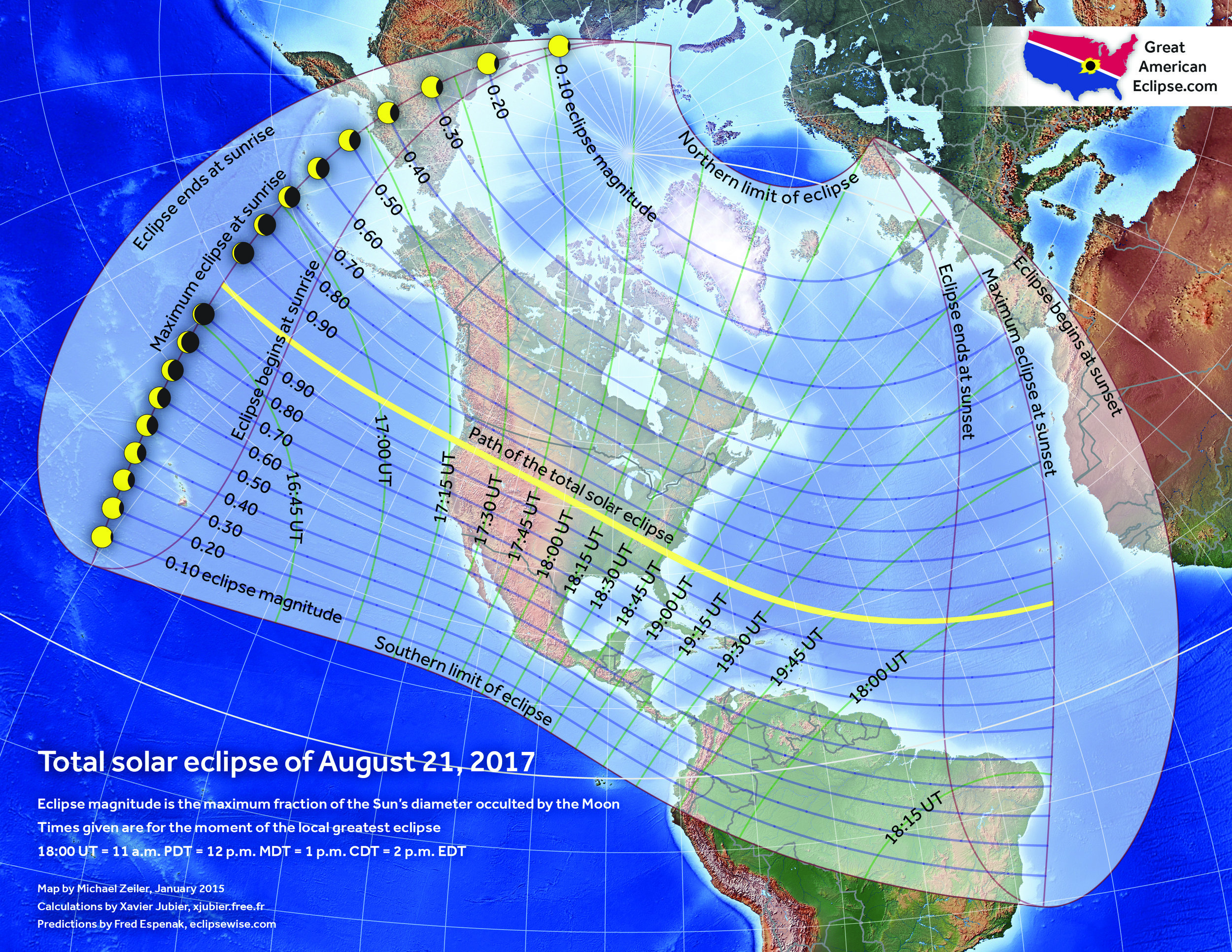 This map with stereographic projection shows two interesting facts: The entirety of North America will experience a partial solar eclipse as well as four other continents: south American, Asia, Europe, and Africa. 