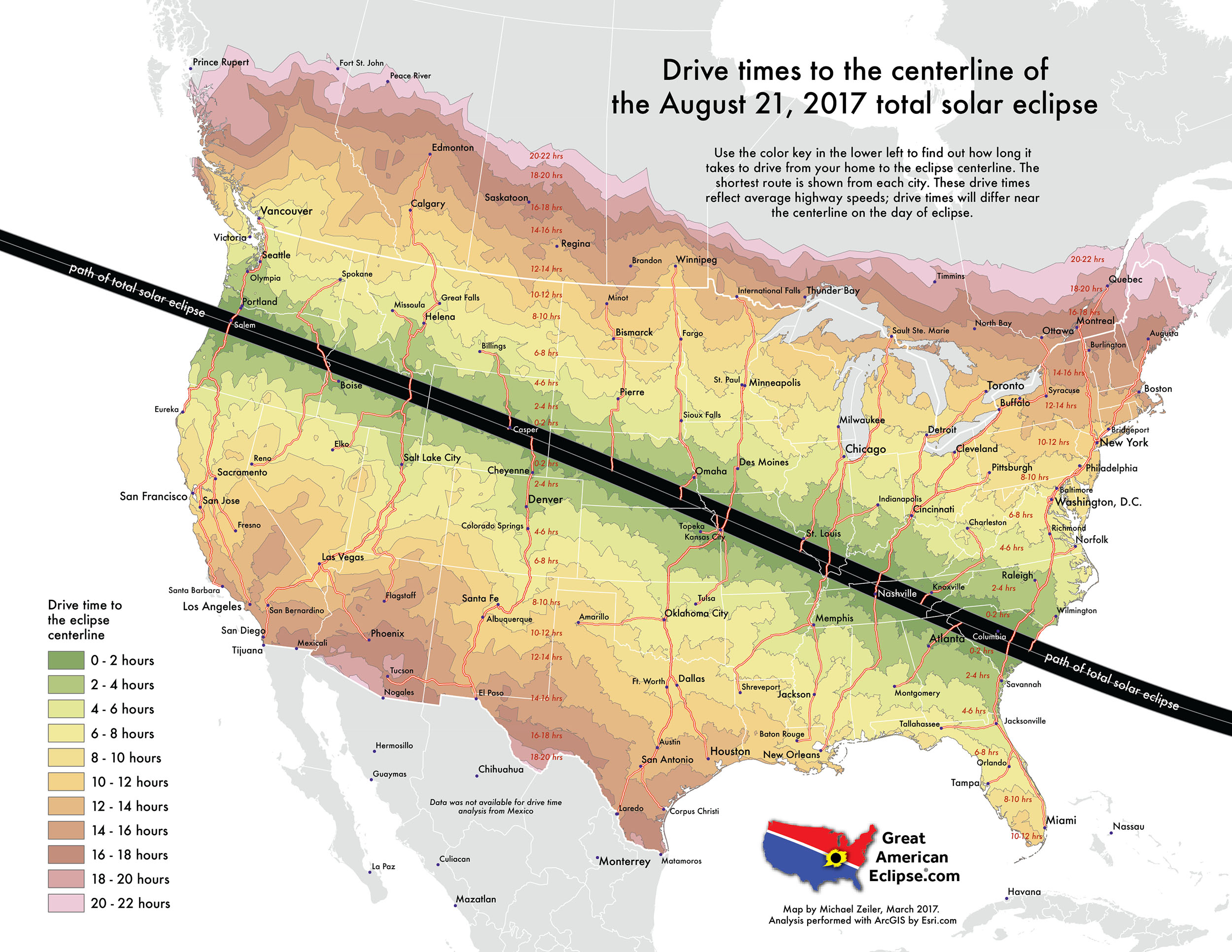 Click this map to enlarge. This map was computed with ArcGIS Pro by Esri. First, a series of destinations where highways intersect the center line of eclipse were digitized. A series of quickest routes were computed for all significant cities. Next, drive time polygons were computed showing the drive time distances based on the US road network. Mexico was not included because mexican road network data was not available.