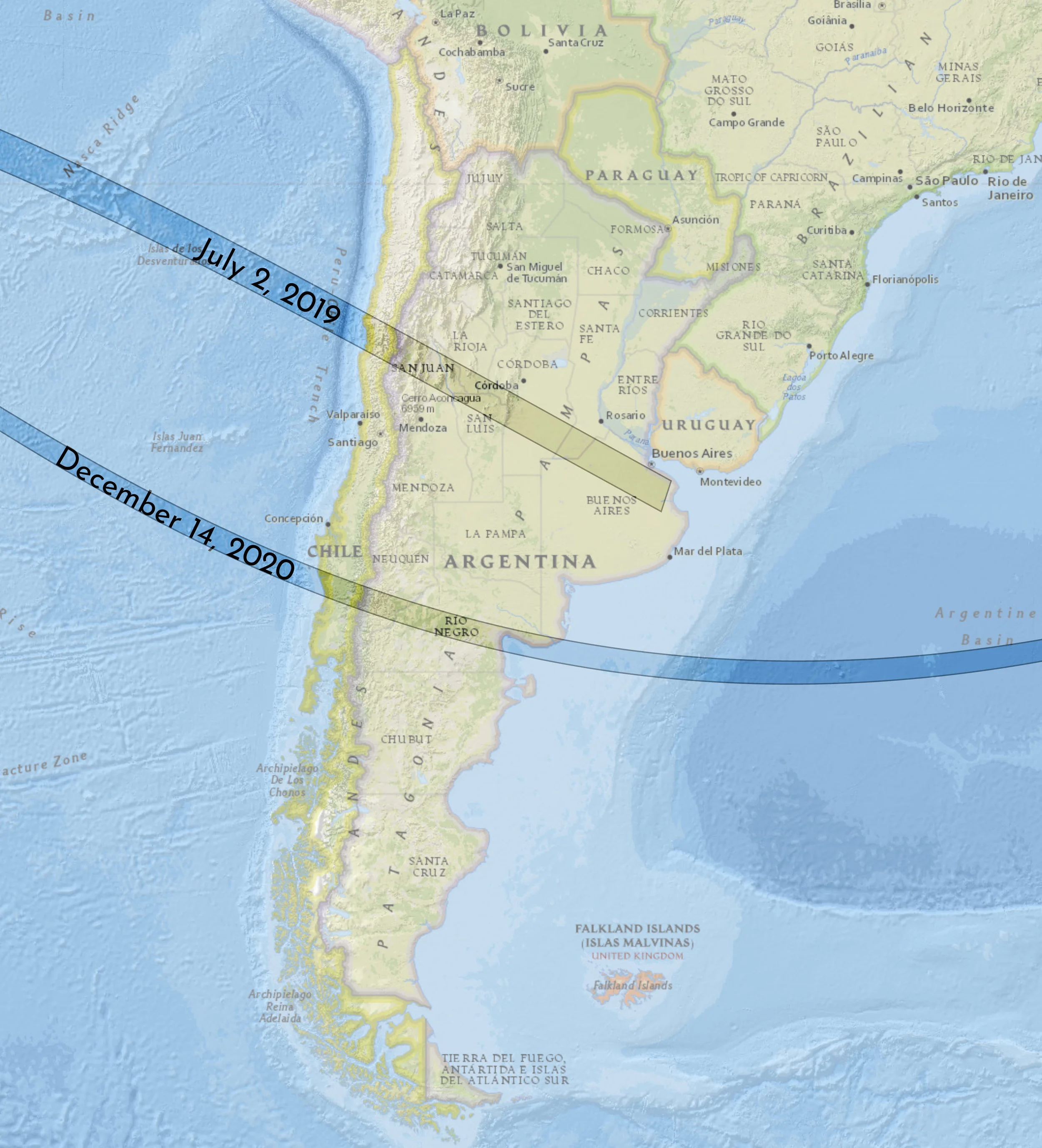 By coincidence, the next total solar eclipse after July 2, 2019 also crosses Chile and Argentina on December 14, 2020.