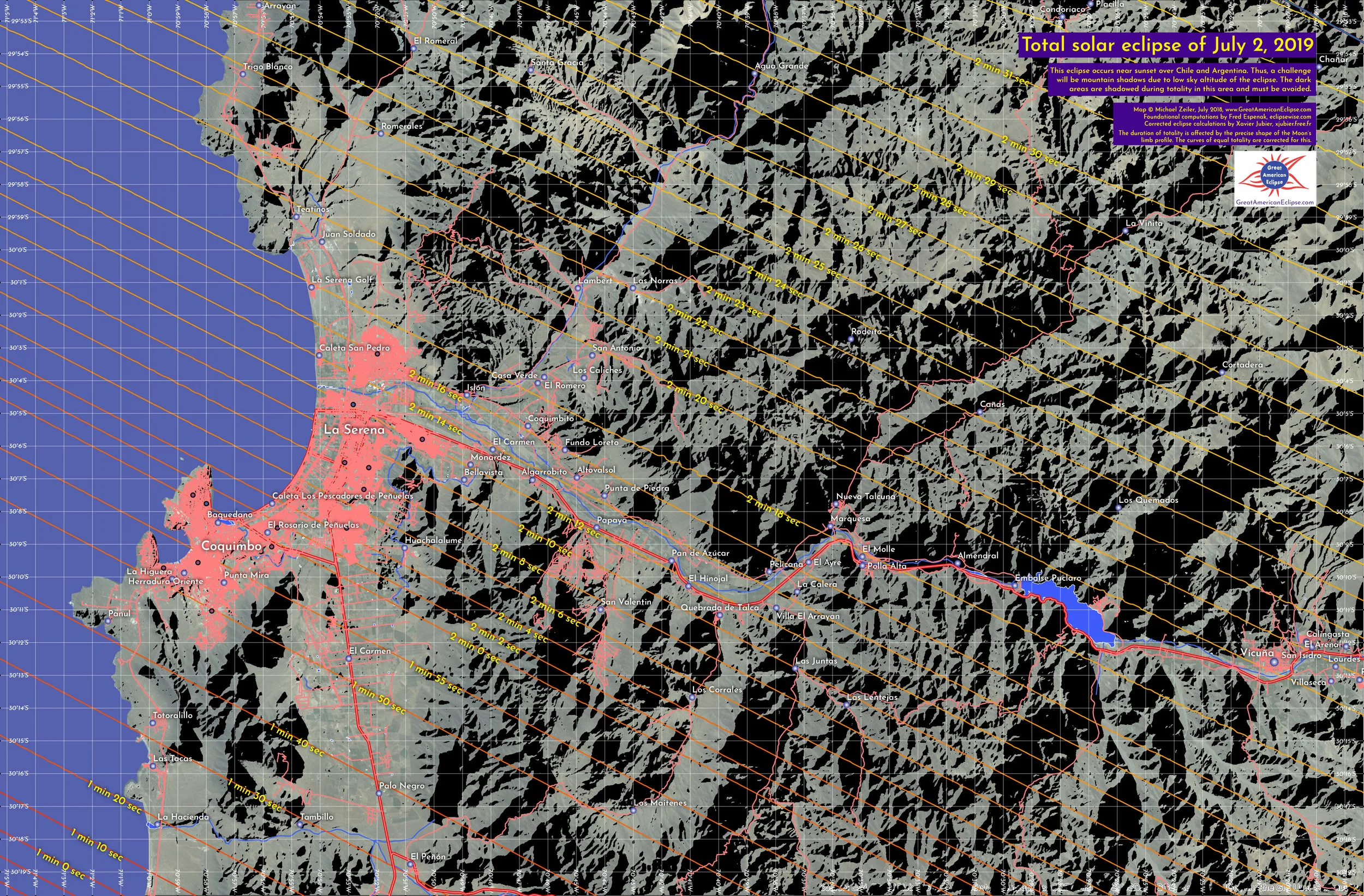 La Serena, a short flight from Santiago, will by the gateway for most eclipse chasers coming to the Chilean Andes. Because of the possibility of a marine layer over La Serena, most eclipse chasers will be prepared to either go north to La Higuera or east to Vicuña. Click to enlarge. 