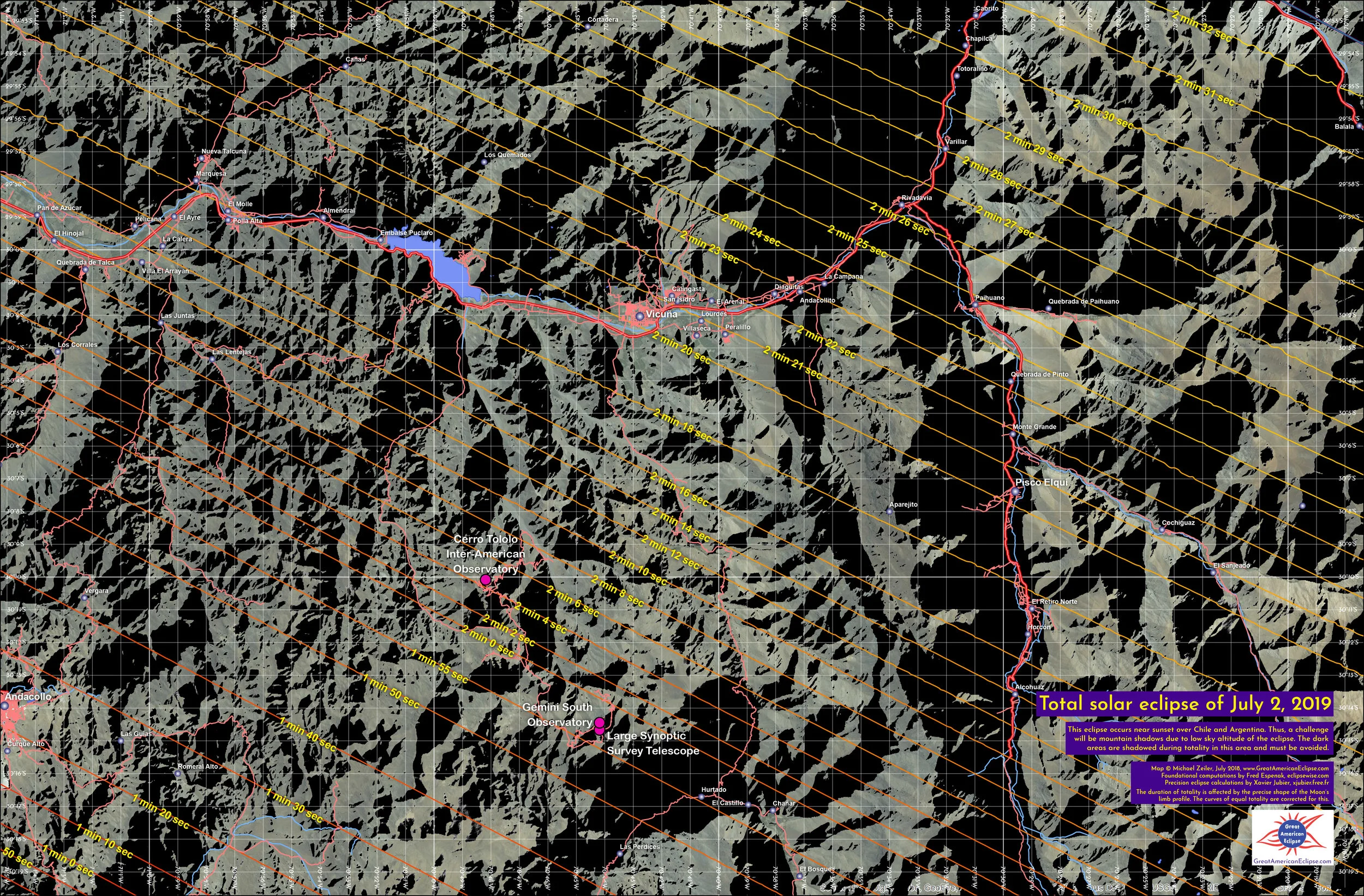 Shadows draping valley floors presents significant challenges beyond Vicuña. The three major observatories on this map attest to the common clear skies in this area. Another challenge will be the possibility of a winter marine layer forming in the valleys. Click to enlarge.