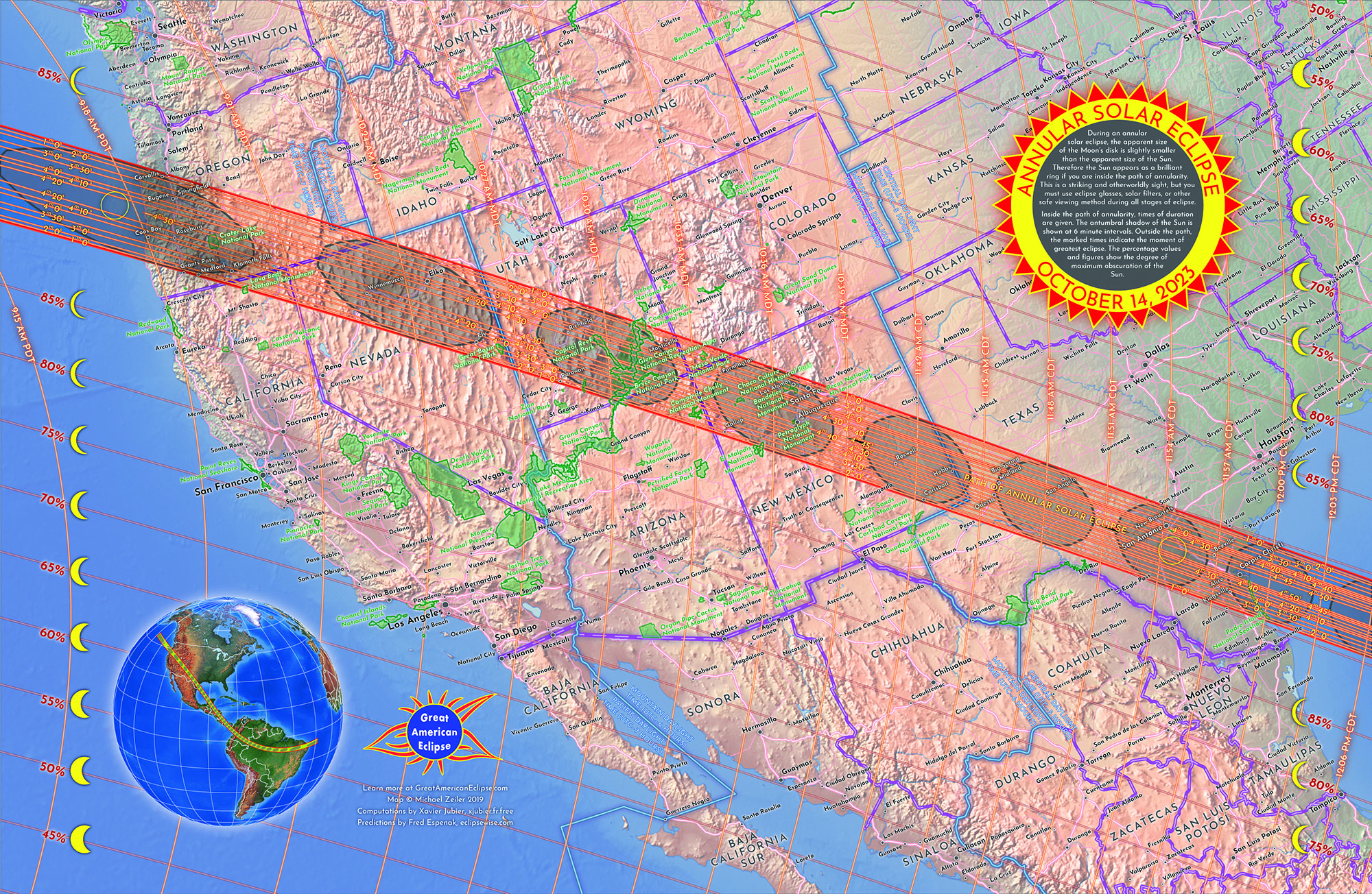 The path of annularity across the United States. This map available in two sizes at https://www.greatamericaneclipse.com/maps-and-posters/2023map