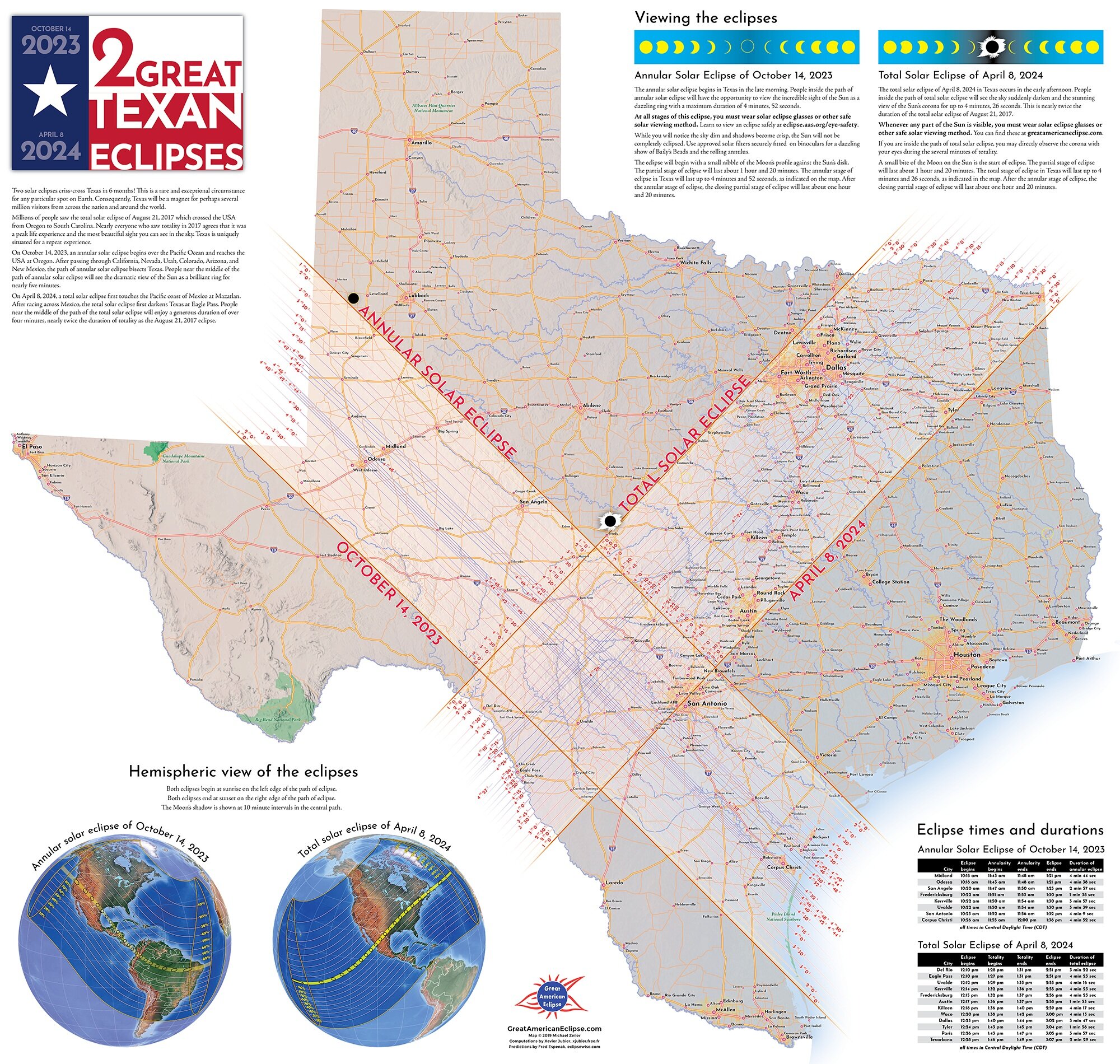 Map of Texas for 2023 annular solar eclipse and 2024 total solar