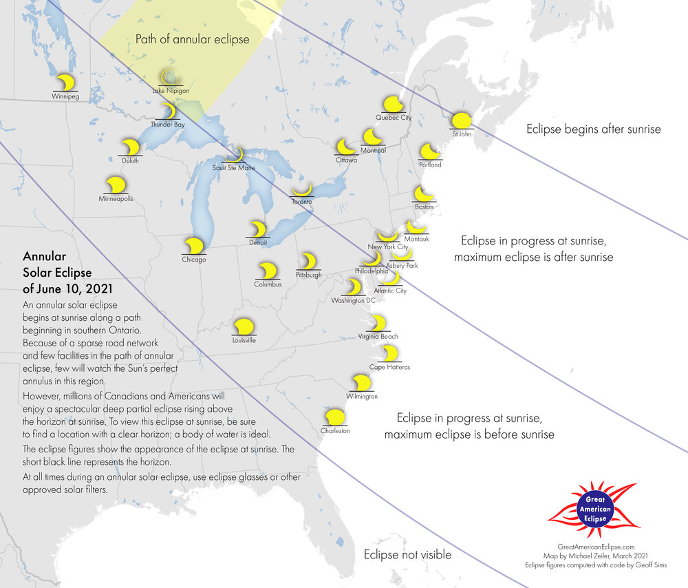 This map shows simulated views of the partial eclipse at sunrise. To get this view, you’ll need approved solar viewers. In general, you will get the most dramatic views of the rising eclipse along the middle curve of the three curves in this map.
