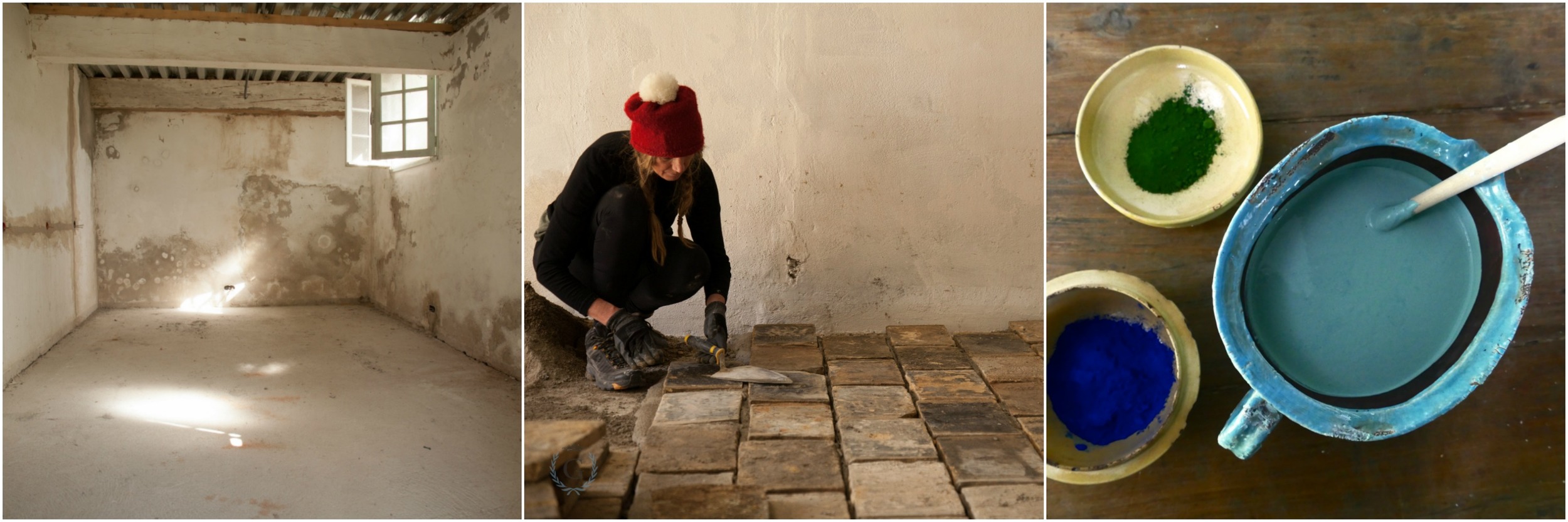 Château laundry. Re-laying terracotta tiles and mixing original paint colour. 