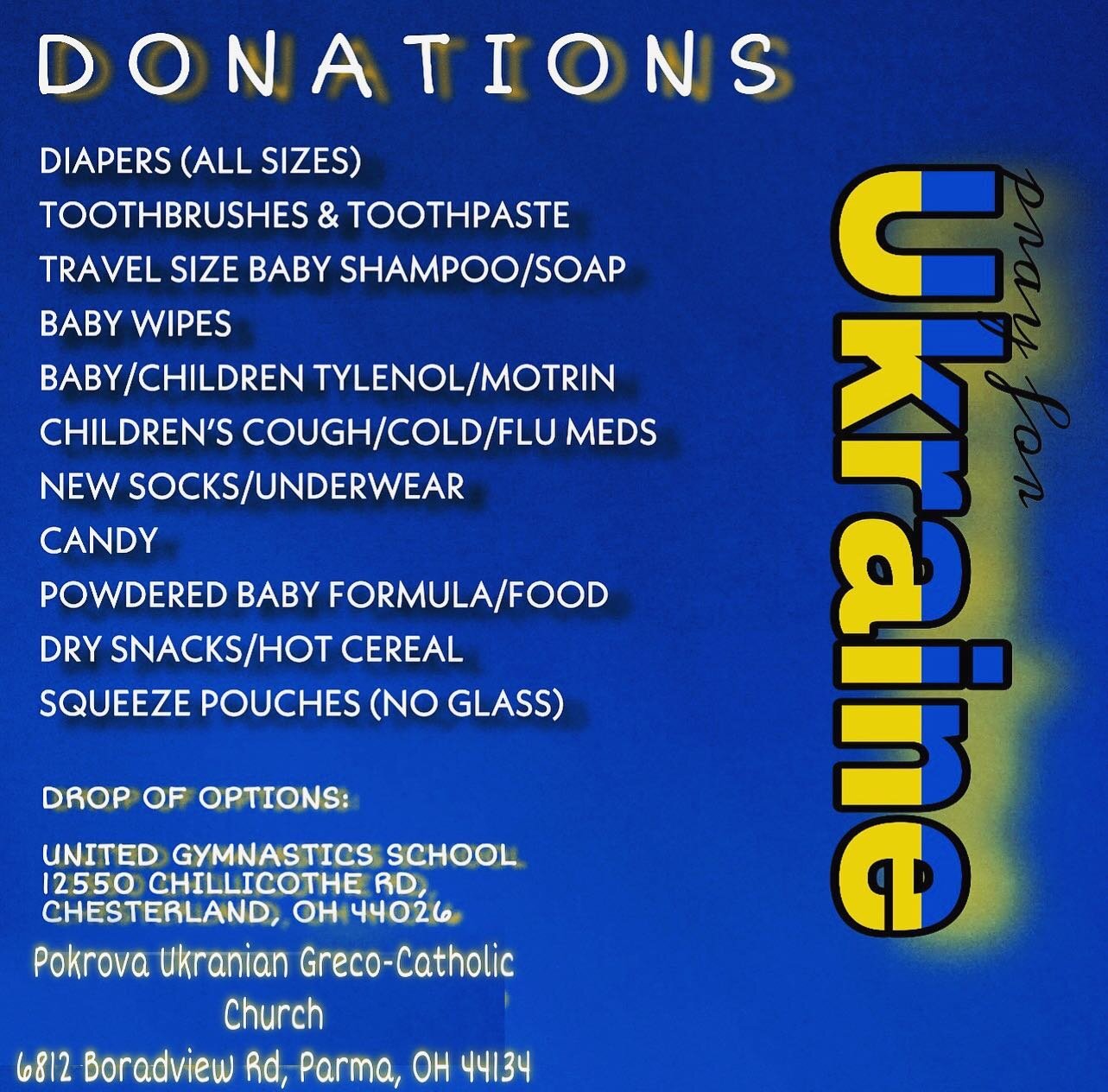 We are asking for your help, to help those who have been affected by the war in Ukrainian, especially the children who need these supplies. Please consider donating the following items. You can drop it off to us at United Gymnastics, or directly to P
