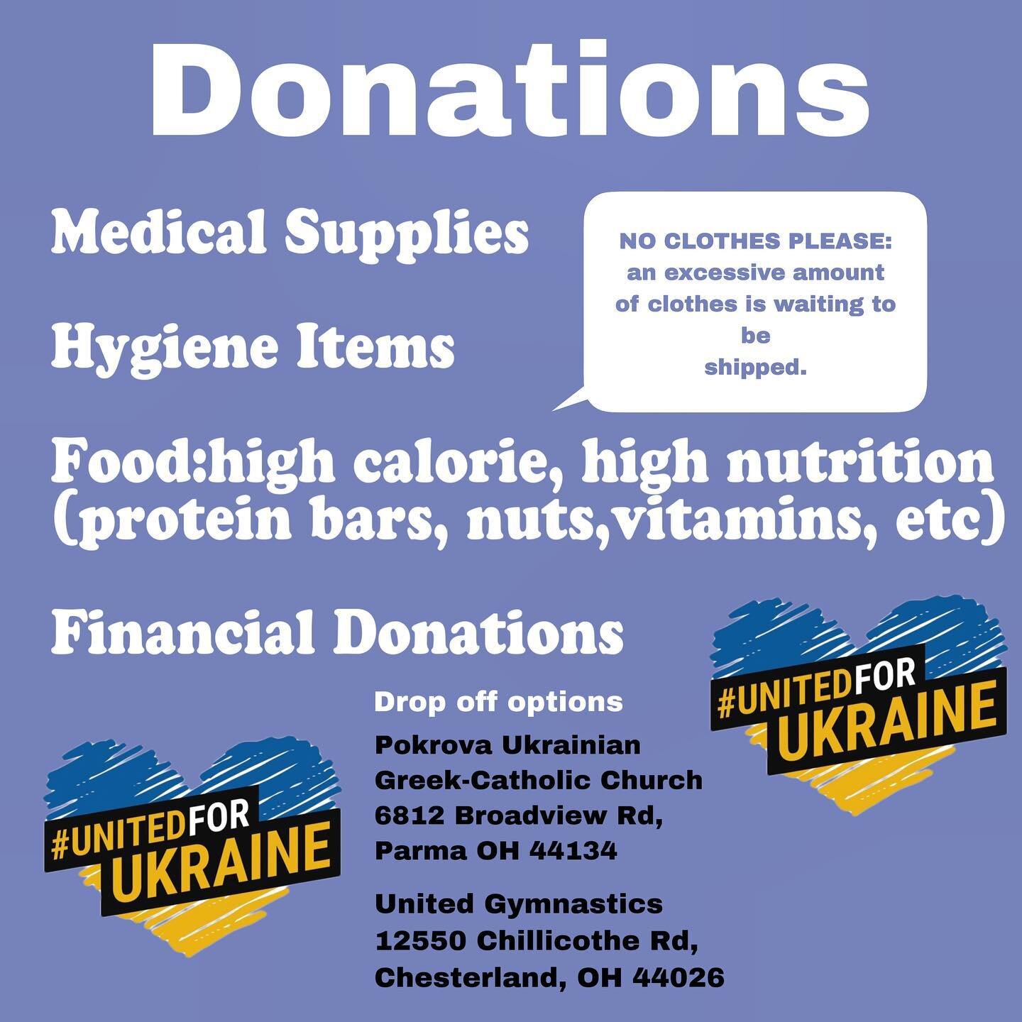 Hey guys we have an updated list of more things needed for the Ukraine! Again you can drop off at United Gymnastics as well.

Thank you everyone for all of your help, and your continuous help through this awful tragedy. 💙💛