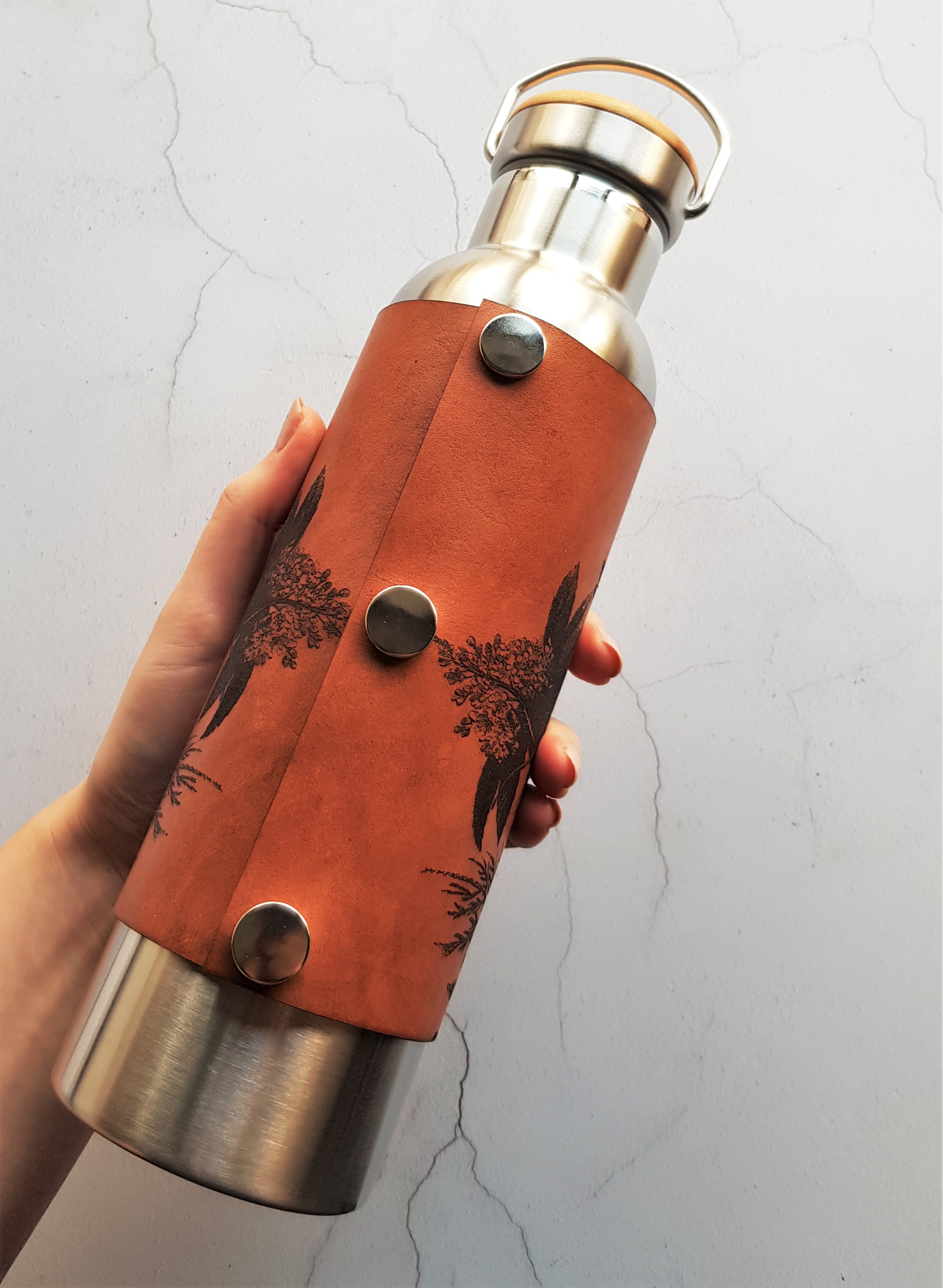 Leather Clad Water Bottle, Botanical Design - £50 - HÔRD©