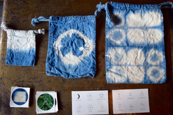 Here are our indigo dyed muslin bags with a few of our stickers! All are available as perks when you contribute to our Indiegogo ! 