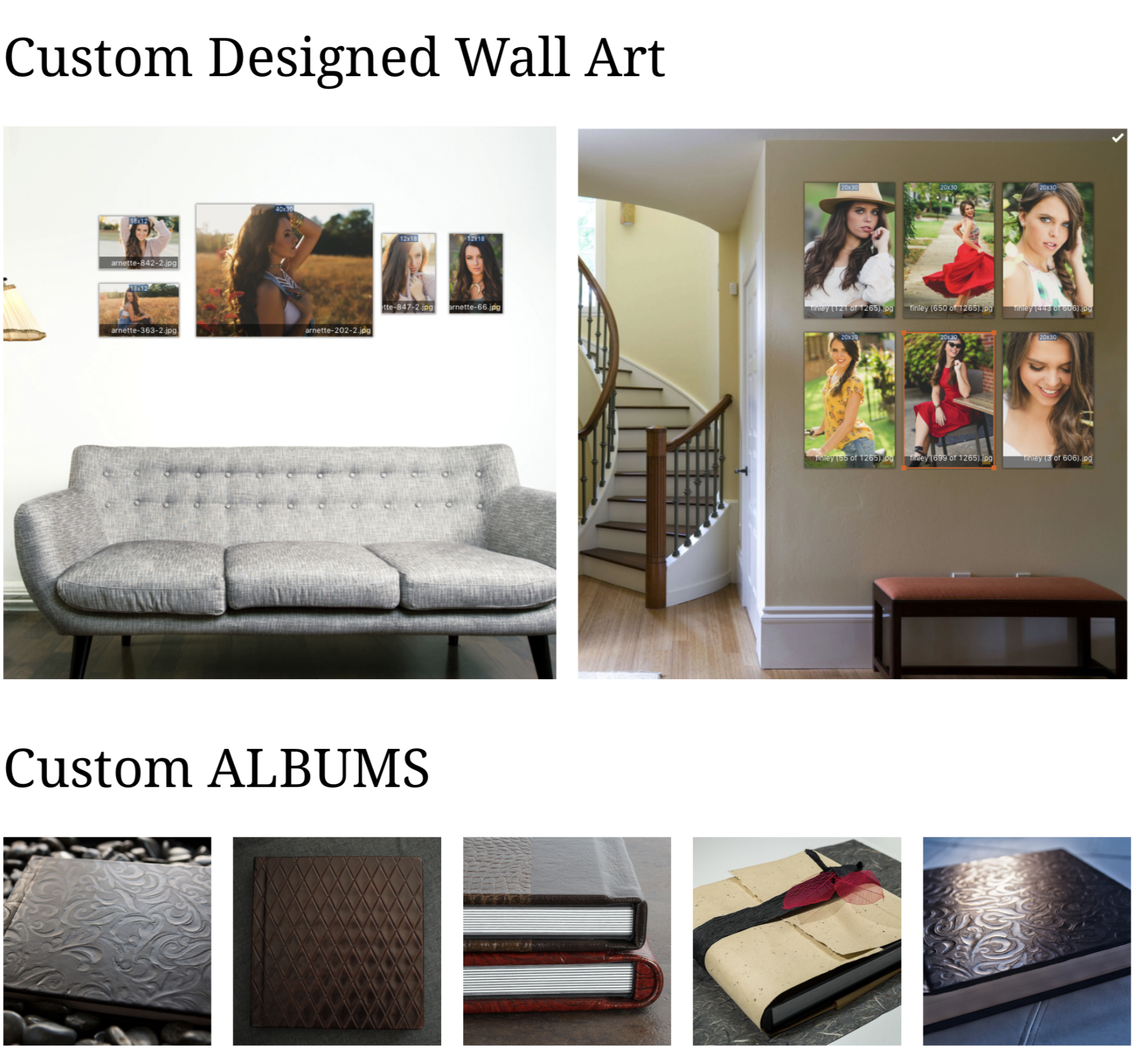 A collage showing two before-and-after wall art displays in a living space. The left side features a white wall with a horizontal arrangement of five photo prints of a woman outdoors, above a gray tufted sofa, with the text 'Custom Designed Wall Art'