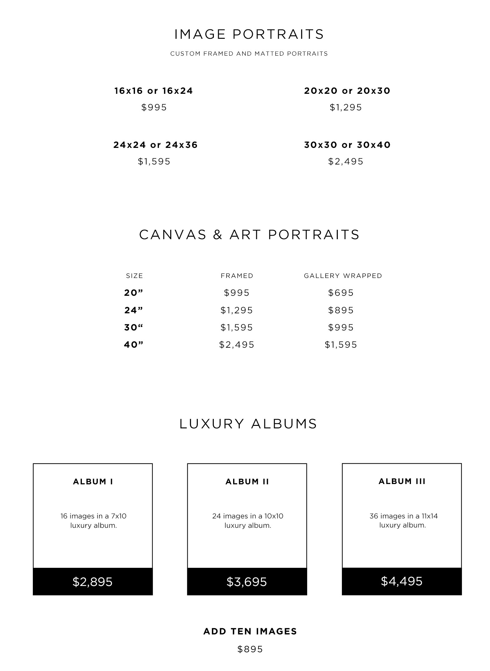 Pricing and options for custom framed and matted portraits, canvas and art portraits, luxury albums, and additional images, with details on sizes, framing, gallery wrapping, and costs.