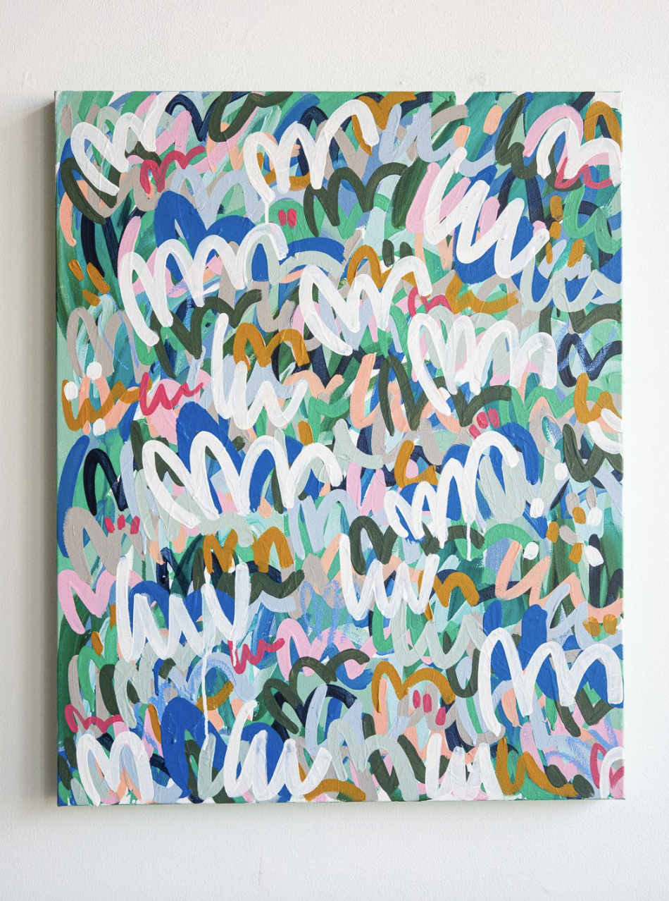 Colorful abstract painting with overlapping brushstrokes in blue, pink, green, white, orange, and gray on a canvas.