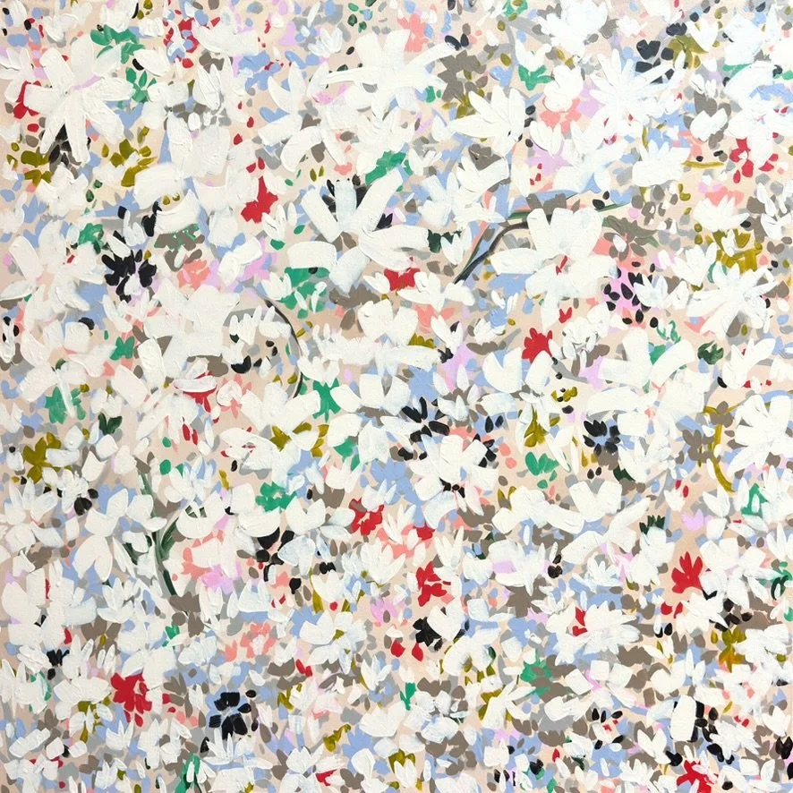Abstract painting of a field of white, pink, red, black, and green flowers and leaves.