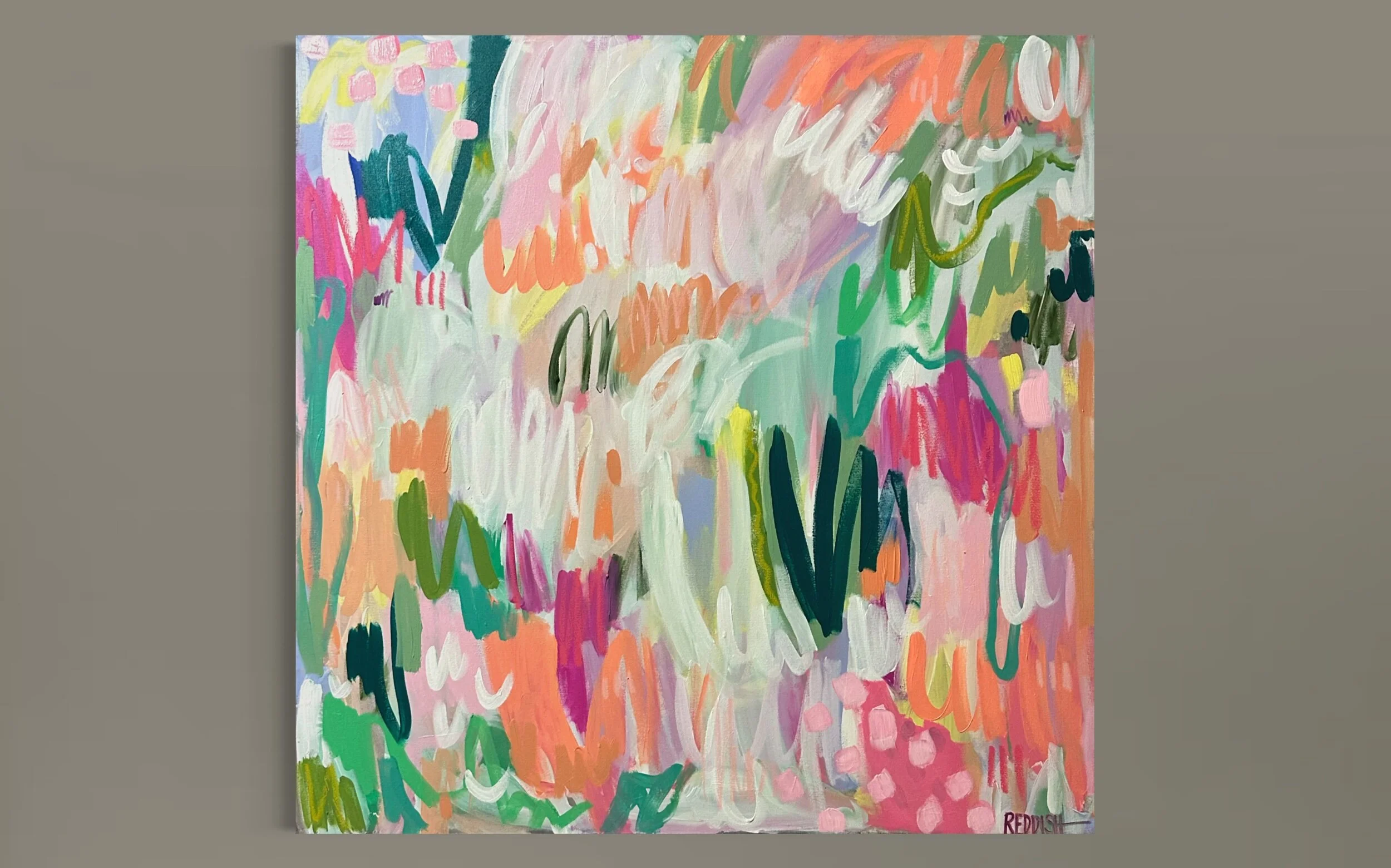 An abstract painting with colorful brushstrokes including pink, white, green, purple, yellow, orange, and blue, creating a vibrant and dynamic composition.