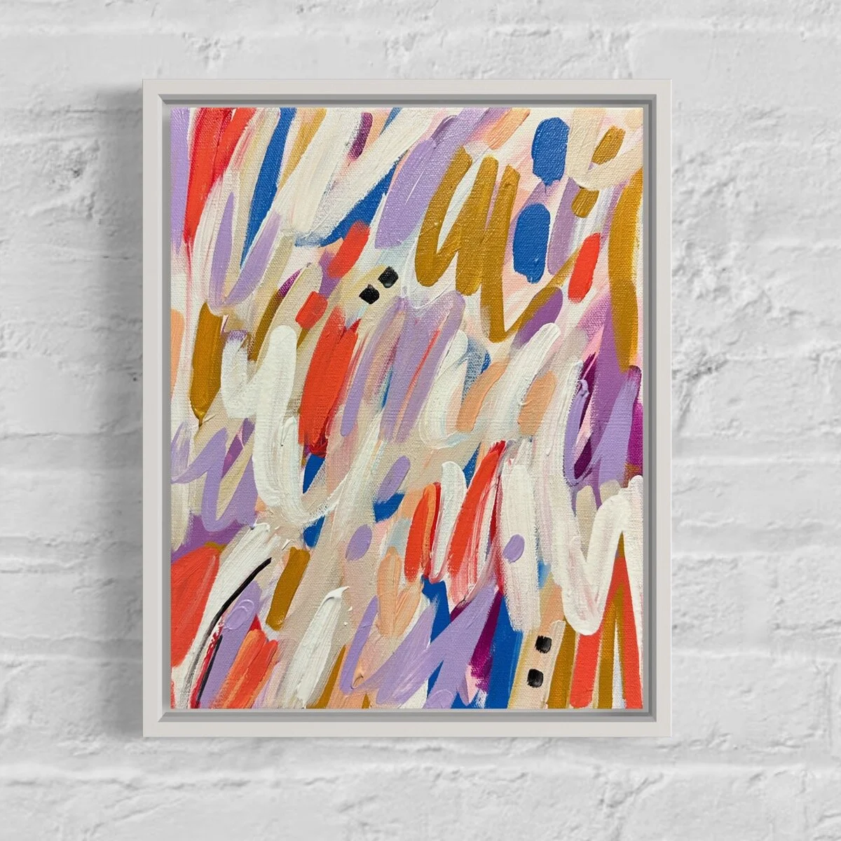 Abstract painting with multicolored brushstrokes in purple, red, white, gold, black, and blue on a beige background.