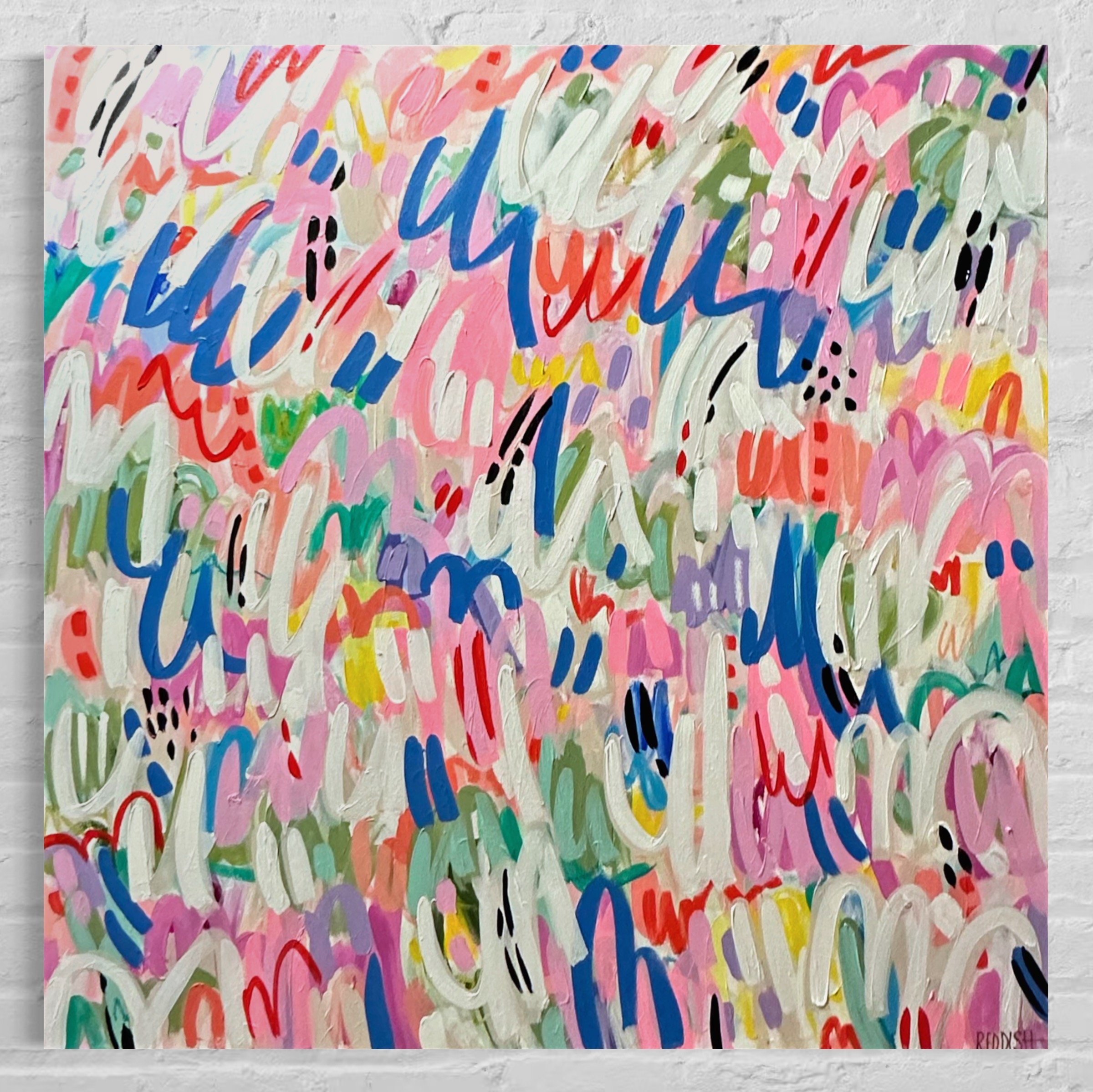 Colorful abstract painting with various brushstrokes in pink, white, blue, green, red, black, yellow, and purple, covering the entire canvas.