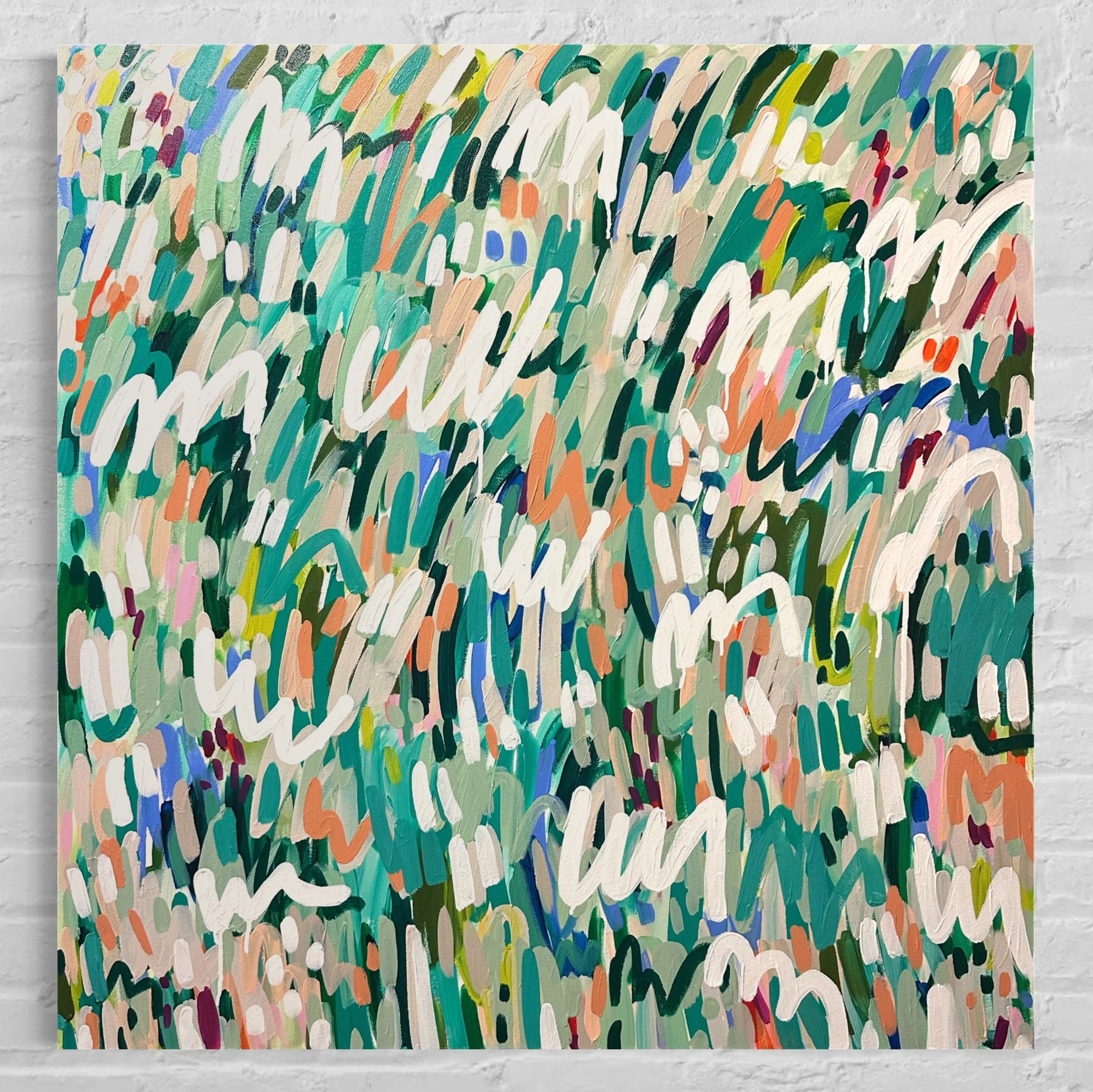 Abstract painting with colorful, brushstroke patterns in shades of green, white, orange, pink, blue, and black, mounted on a wall.