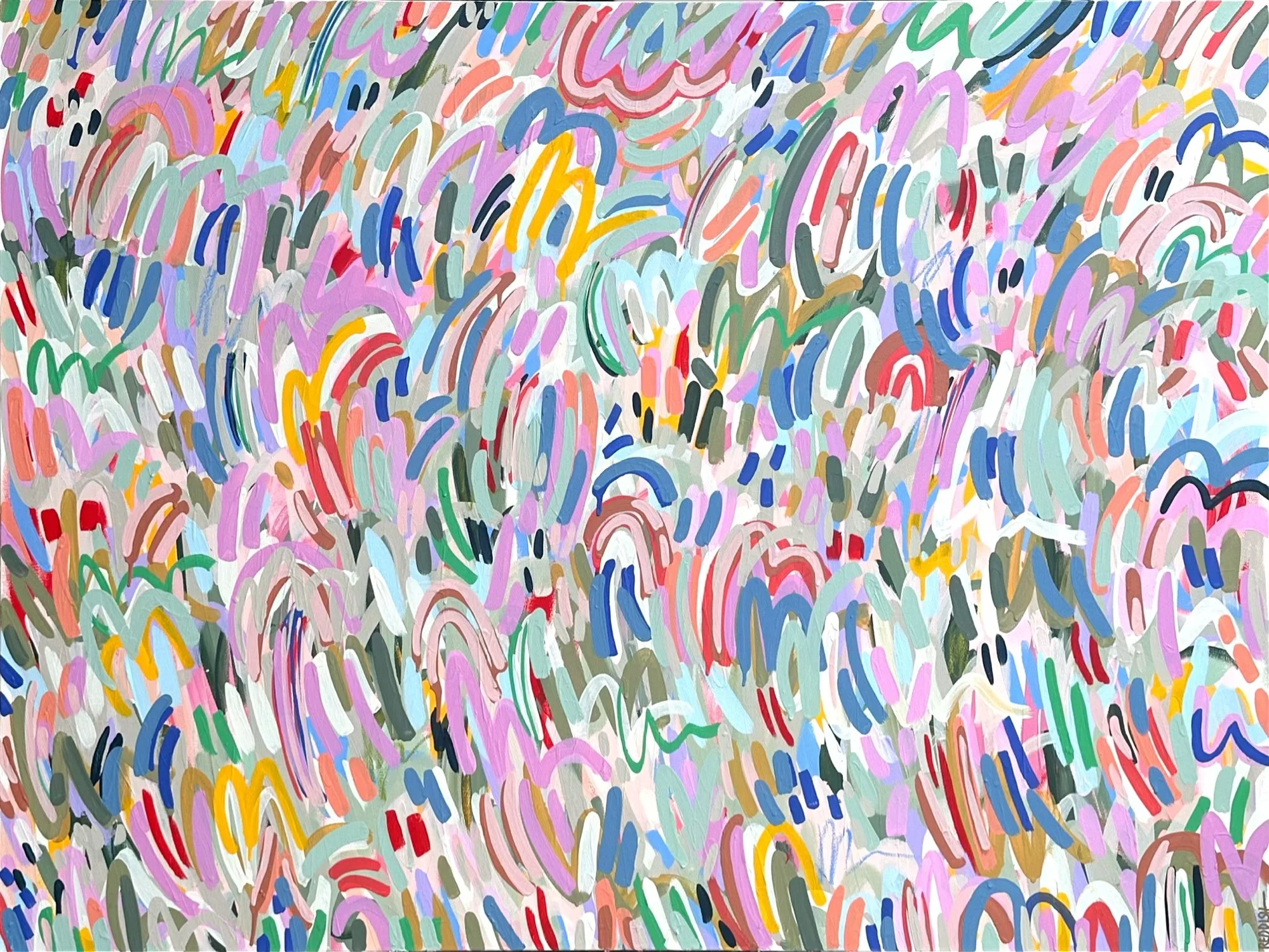 Abstract colorful mural made of numerous curved brushstrokes in various colors including pink, purple, blue, green, yellow, white, red, and black.