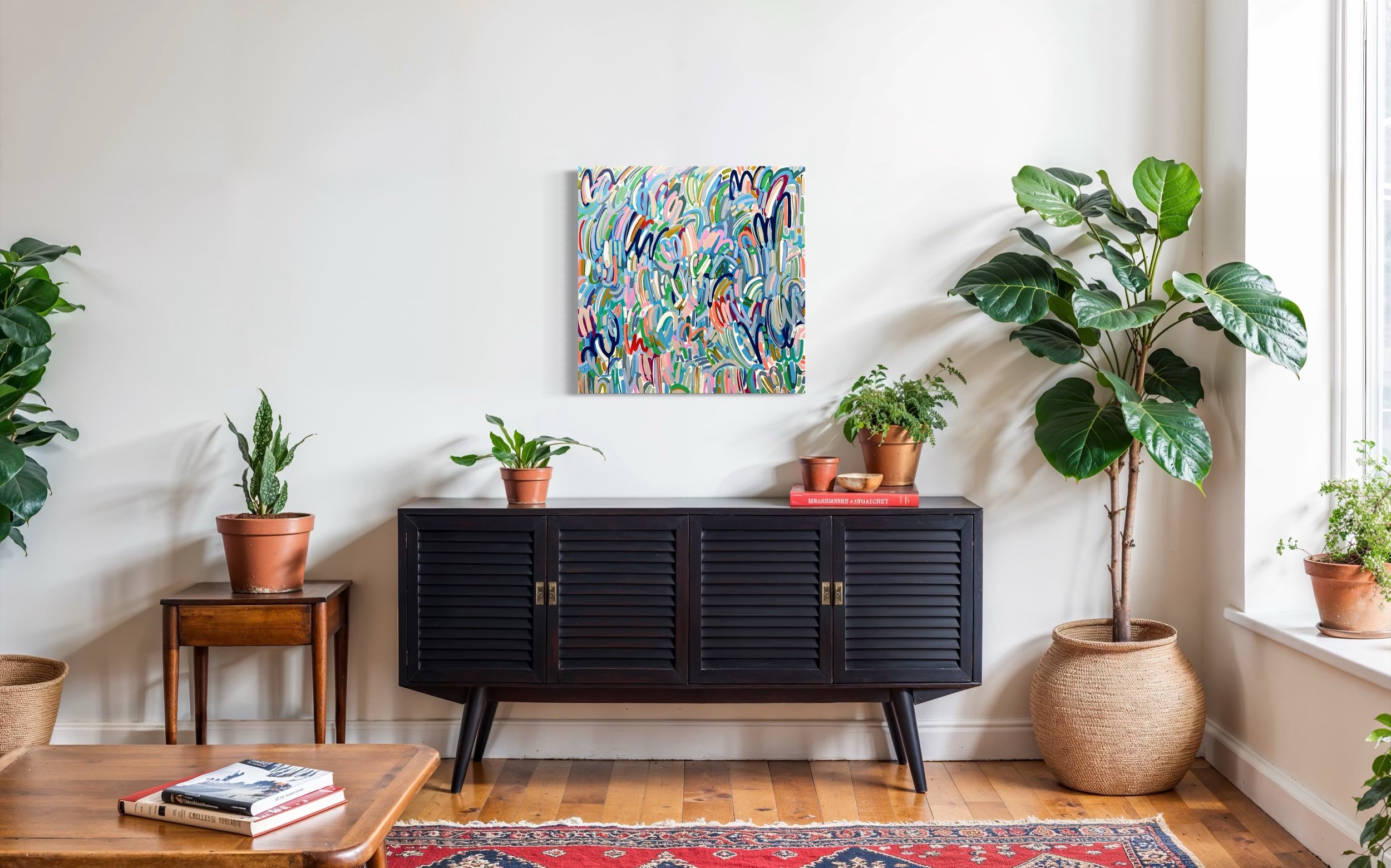Living room interior with colorful abstract painting, black wooden sideboard, various potted plants, and a decorative rug.