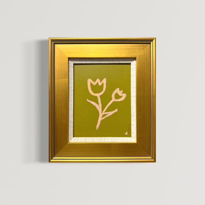 "Simple Flower" - 8x10 framed Original Painting on Canvas Board (Olive with Peach)
