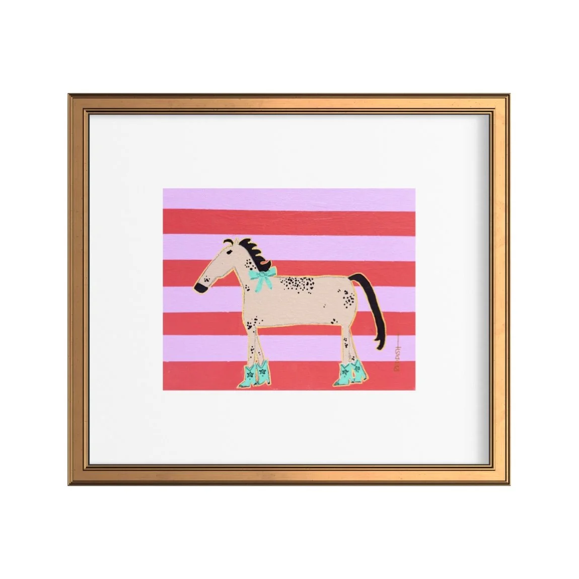 Cute illustration of a beige horse with black spots, wearing turquoise cowboy boots and a matching bow tie, standing against a pink and purple striped background.