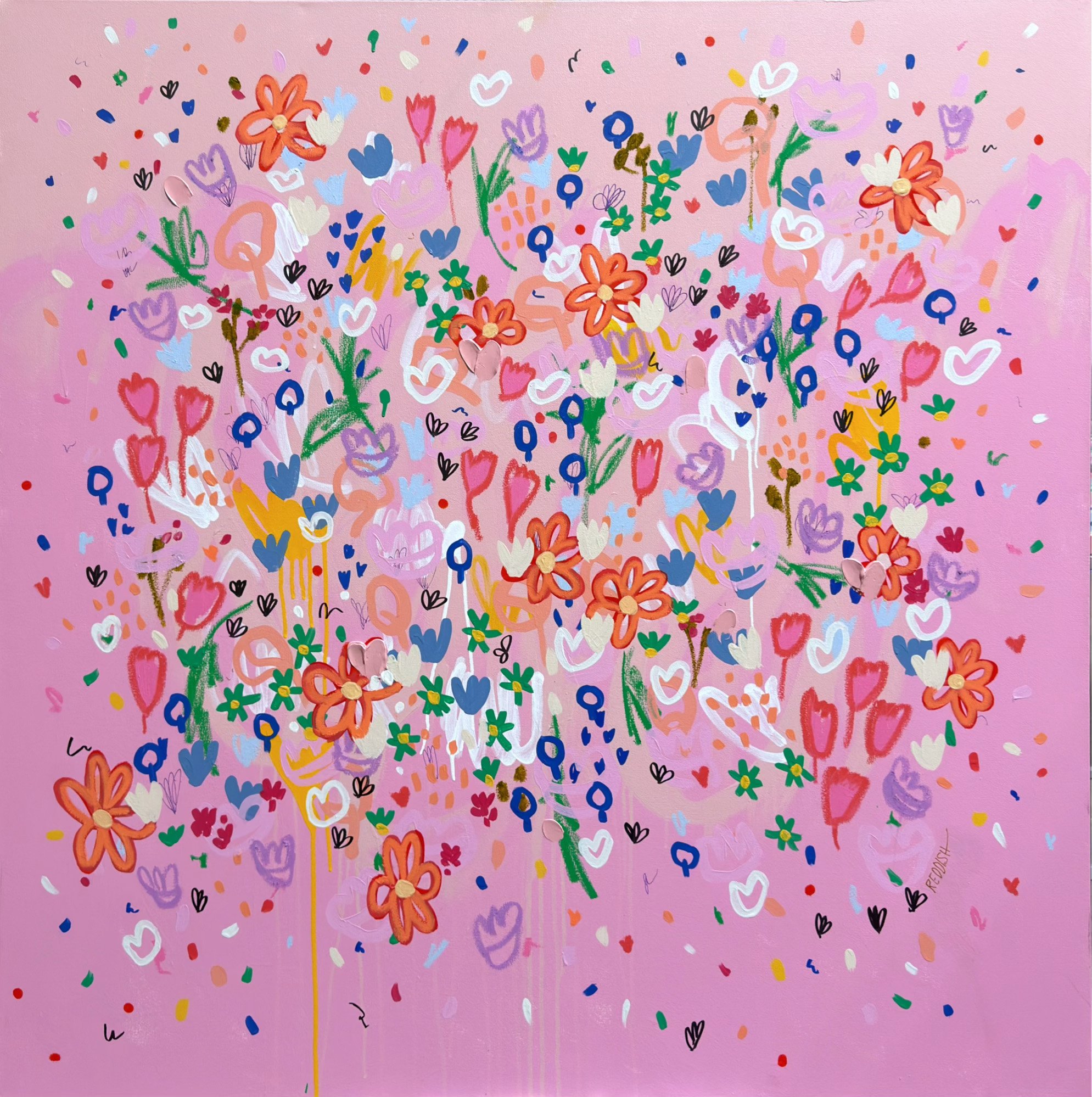Colorful abstract drawing on pink background featuring various flowers, hearts, and confetti in different colors and sizes.