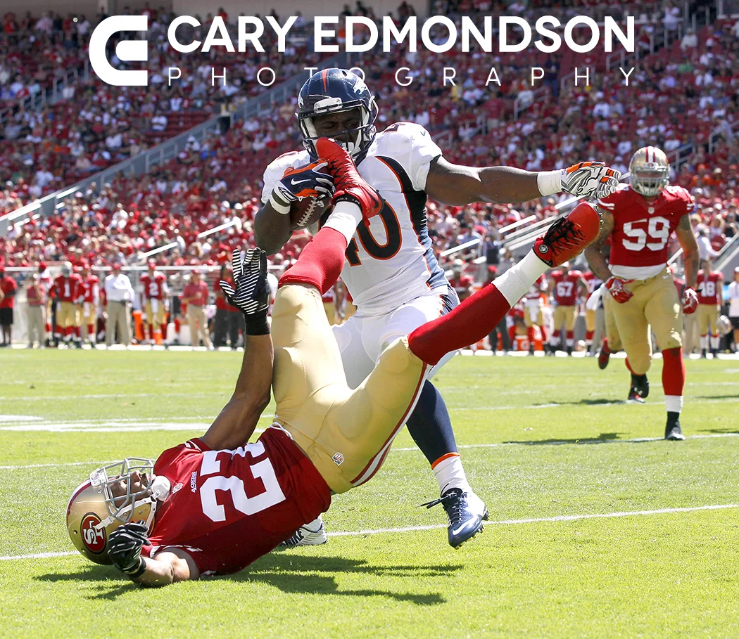  Aug 17, 2014; Santa Clara, CA, USA; San Francisco 49ers defensive back C.J. Spillman (27) kicks Denver Broncos running back Juwan Thompson (40) in the face mask after Thompson knocked him down while running the ball in the third quarter at Levi's St
