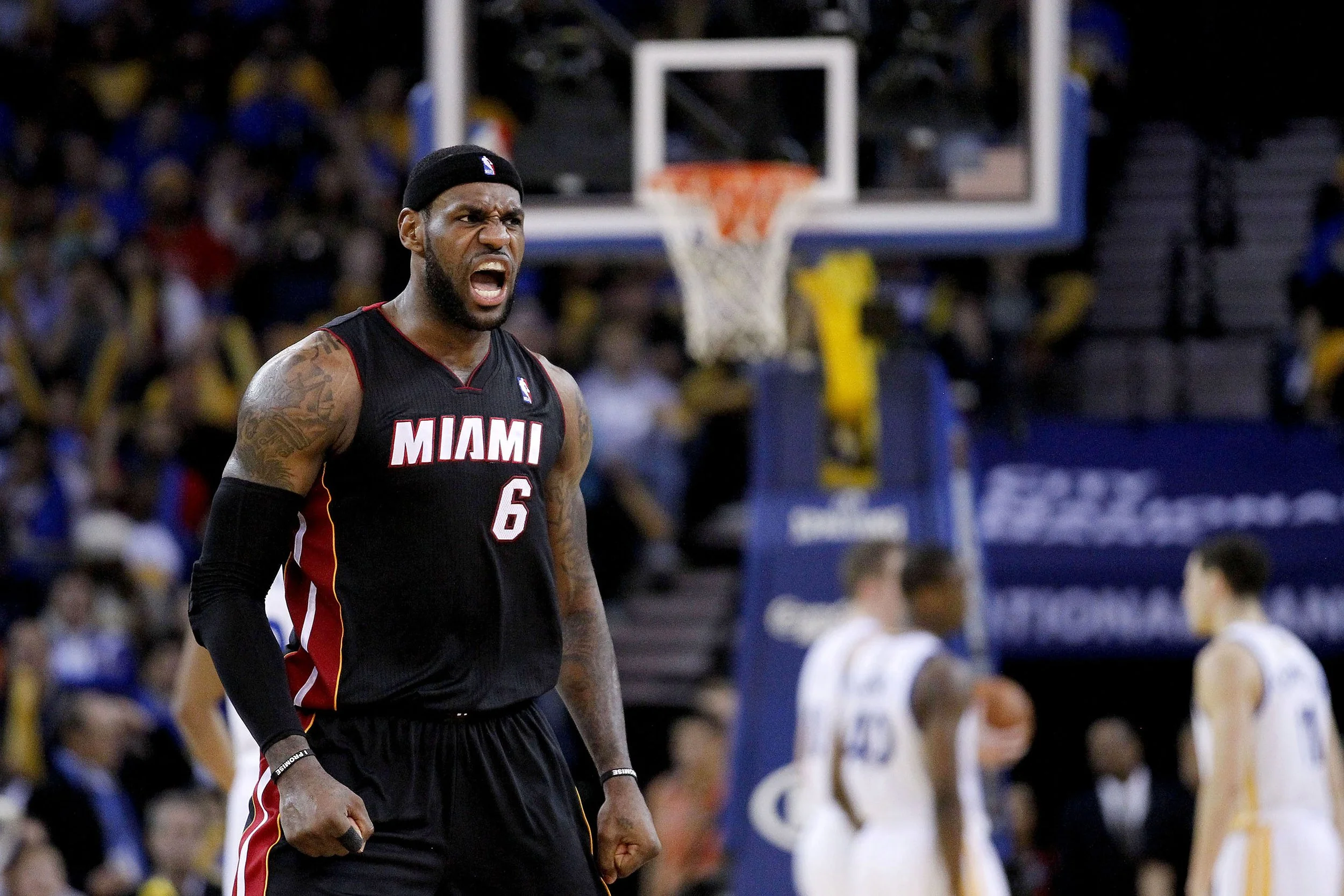  Feb 12, 2014; Oakland, CA, USA; Miami Heat forward LeBron James (6) reacts after recording an assist against the Golden State Warriors in the third quarter at Oracle Arena. The Heat defeated the Warriors 111-110. Mandatory Credit: Cary Edmondson-USA