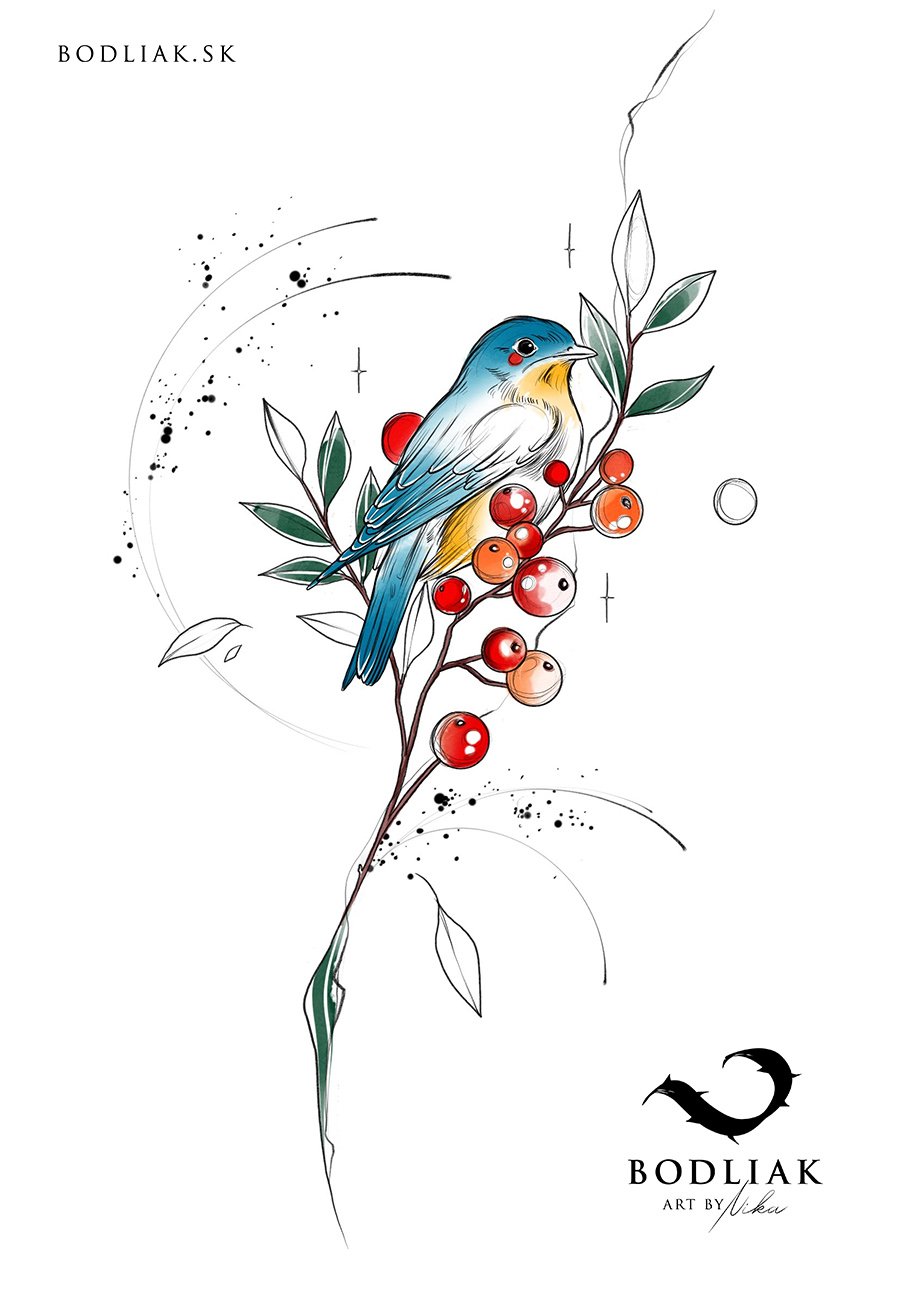  bodliak-bodliaktattoo-motiv-design-original-nika-tetovanie-tattoo-colour-colourtattoo-bird-vtak-bobule-konar 