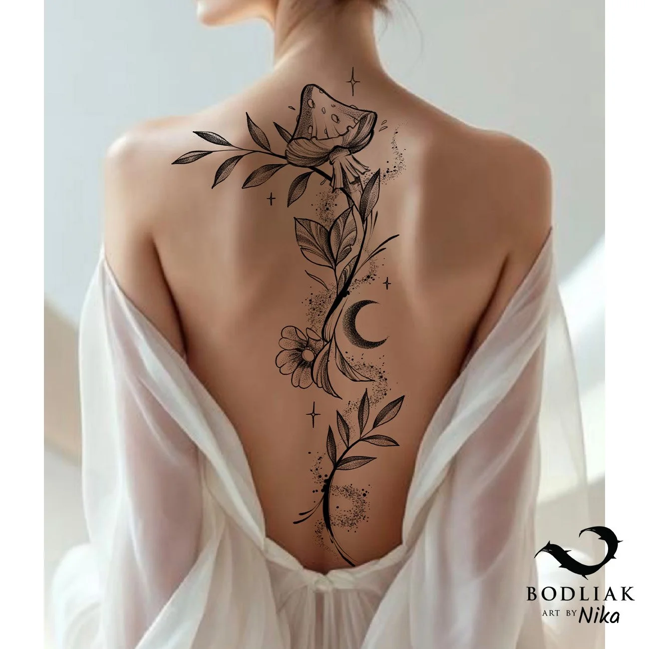 black_and_white_mushroom_botanical_back_tattoo_placement_women_spine_dotwork_fine_line_moon_leaves_Navrh_Nika_Zilina_Blackwork_Fineline_Illustrative_Tattooidea_247.jpg