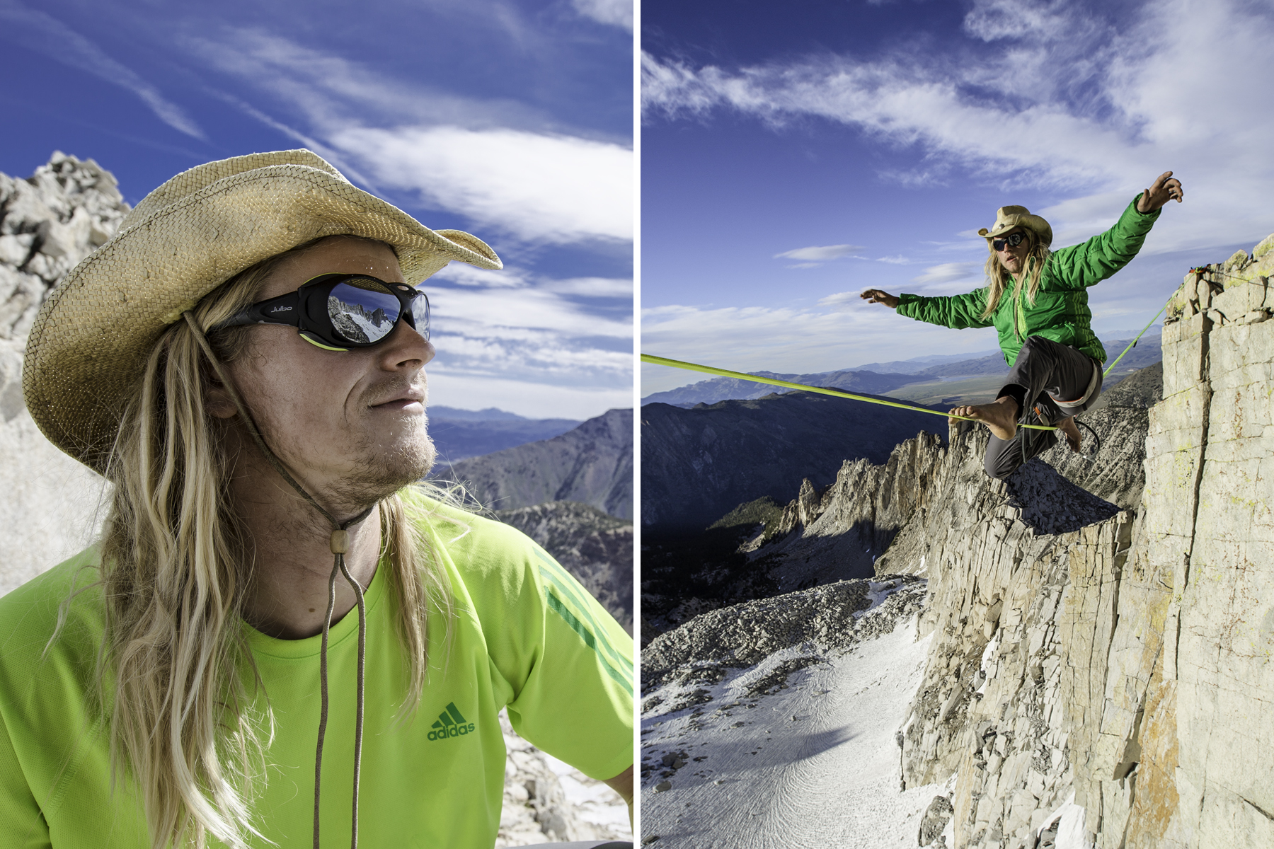 Preston Bruce Alden rigged and walked the first known highline in the Sawtooth's located outside of Bridgeport, CA. Preston looked at these peaks everyday for 2 years while working as a wildlife biologist in Bridgeport. You might say that daydreaming of this line is what started his obsession with rigging alpine high lines in the Eastern Sierra. 