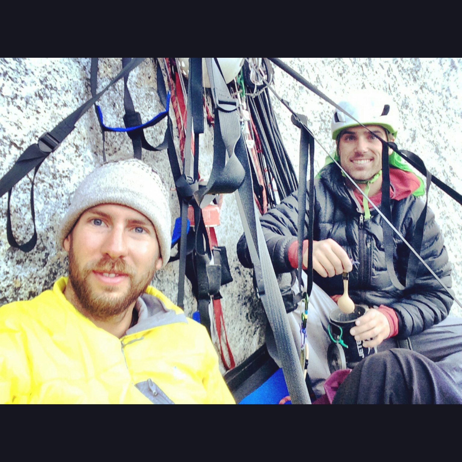 Josh Dibble (right) and I enjoying some breakfast 9 pitches up on El Cap in Yosemite National Park, CA 