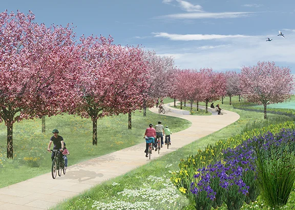 The park will be beautiful, Sinuous, braiding marshes, long grand pedestrian and bicycle promenades and amazing waterfront amenities.