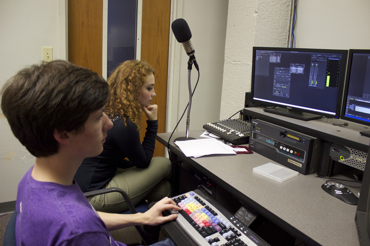 Editor Ethan Morton and moderator Sydney Armstrong work on their report. The two GHS-TV students visited Germantown Elementary to find out what GES students would do if they were president for a day.