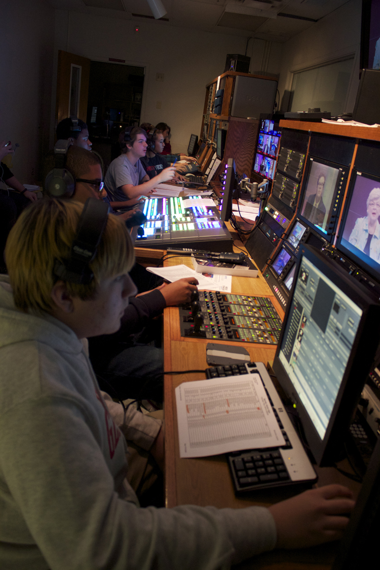  A view down the line in the control room during the Saturday rehearsal. 