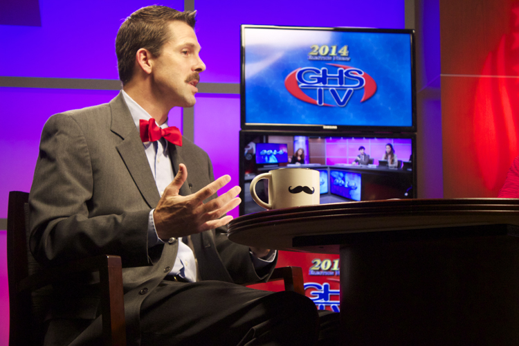  Political analyst and Germantown High teacher Rob Thomas sporting his mustache and mustache mug during the live show. 