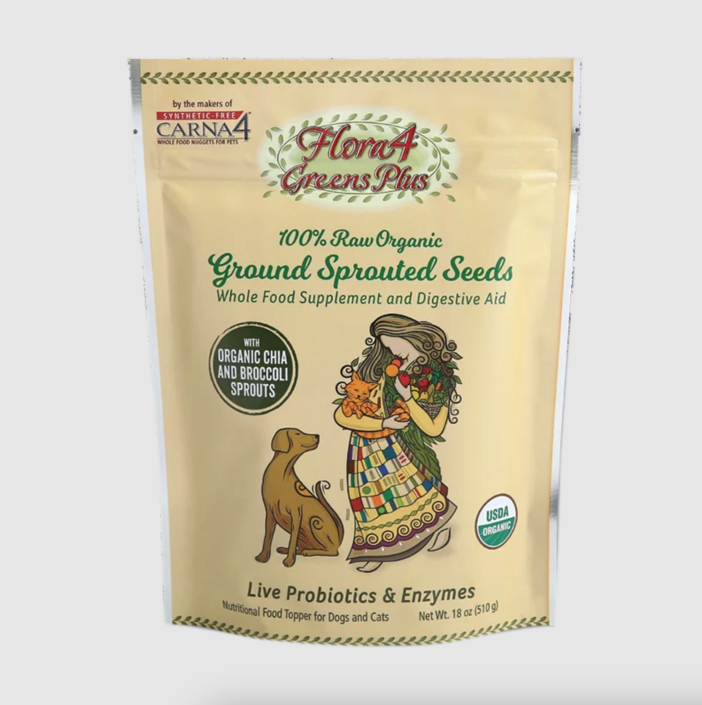 Carna4 Flora4 Greens Plus Sprouted Chia Seed and Broccoli Sprouts Whole Food Supplement and Digestive Aid