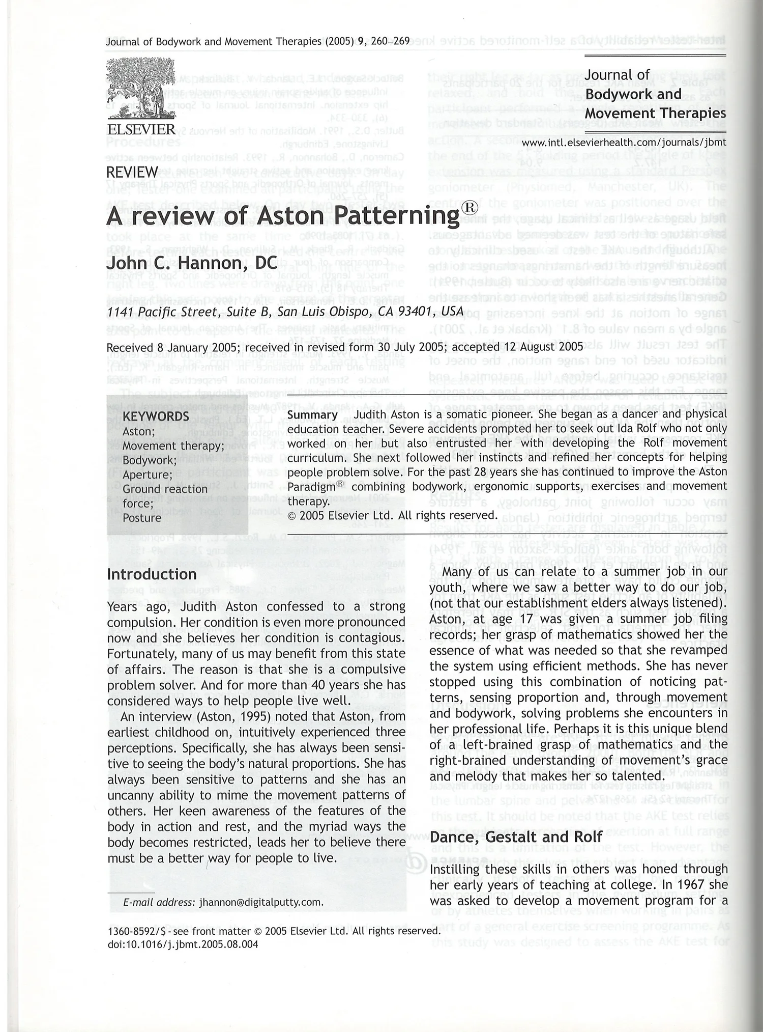 Aston Patterning Journal of bodywork and Movement Therapies 2005 — aston kinetics