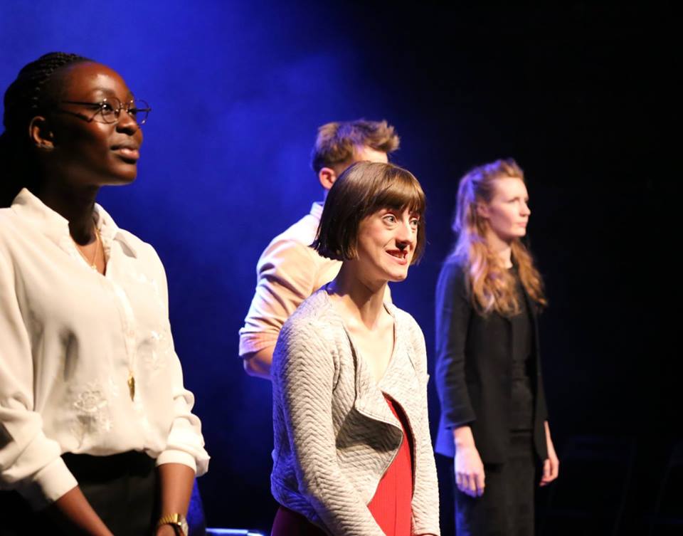THE DAILY PLAYS 4 Rebecca Layoo, Grace Chilton, Cole Edwards, Vivienne Bell in the Monday Play written by Brad Birch in response to THE GUARDIAN. Photo by Jessica Hardwick