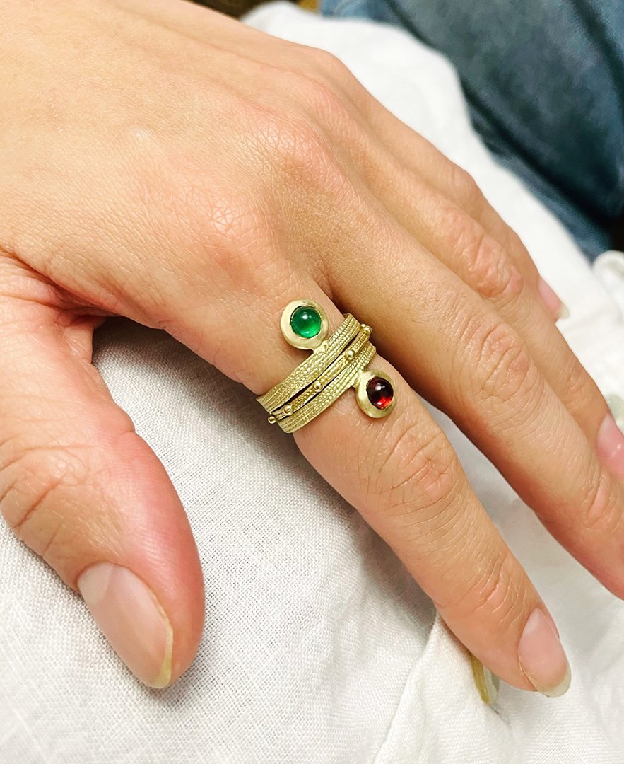 Francesca Lacagnina Jewelry_Ring Stack_18K Gold Rings with Emeralds and Garnet_R170G18EM STACK_ON MODEL.jpg