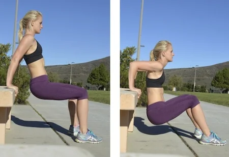 Tricep Dips - as you get stronger, challenge yourself by moving your feet further out until your legs are fully extended & you are on your heels, rather than flat-footed. 