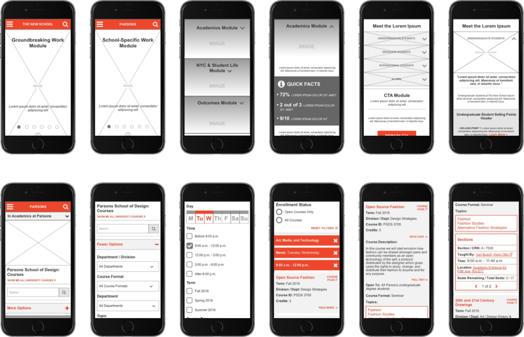 Sample mobile interaction flows for the Home page and Course Catalog