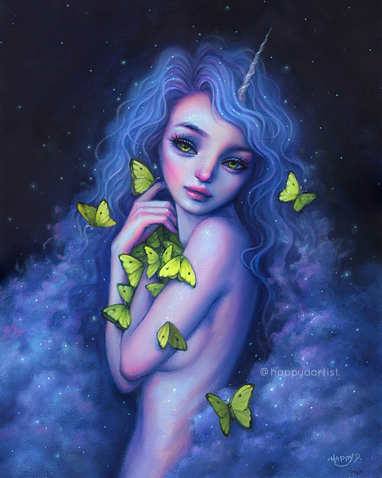 Hi loves!! Here's a new oil painting titled &quot;Chrysalis&quot; that I just finished last week 🦄🎨 This was a challenging one - I originally wanted to make her hair &quot;transform&quot; into clouds (see the quick Photoshop mockup on the second sl