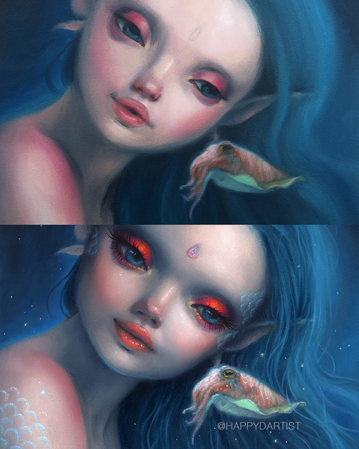 (Swipe to see the full progress) 🎨 First layer vs. last layer ✨
.
#tbt to this mermaid &amp; cuttlefish oil painting from 2018 titled &ldquo;Cerulean Secrets&rdquo; 🧜🏻&zwj;♀️🐠 She took 3 layers to complete, and I realized I&rsquo;ve never shared 